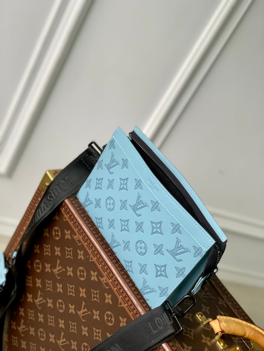 LOUIS VUITTON GASTON WEARABLE WALLET 22 IN SKY BLUE MONOGRAM SHADOW CALFSKIN EMBOSSED LOGO