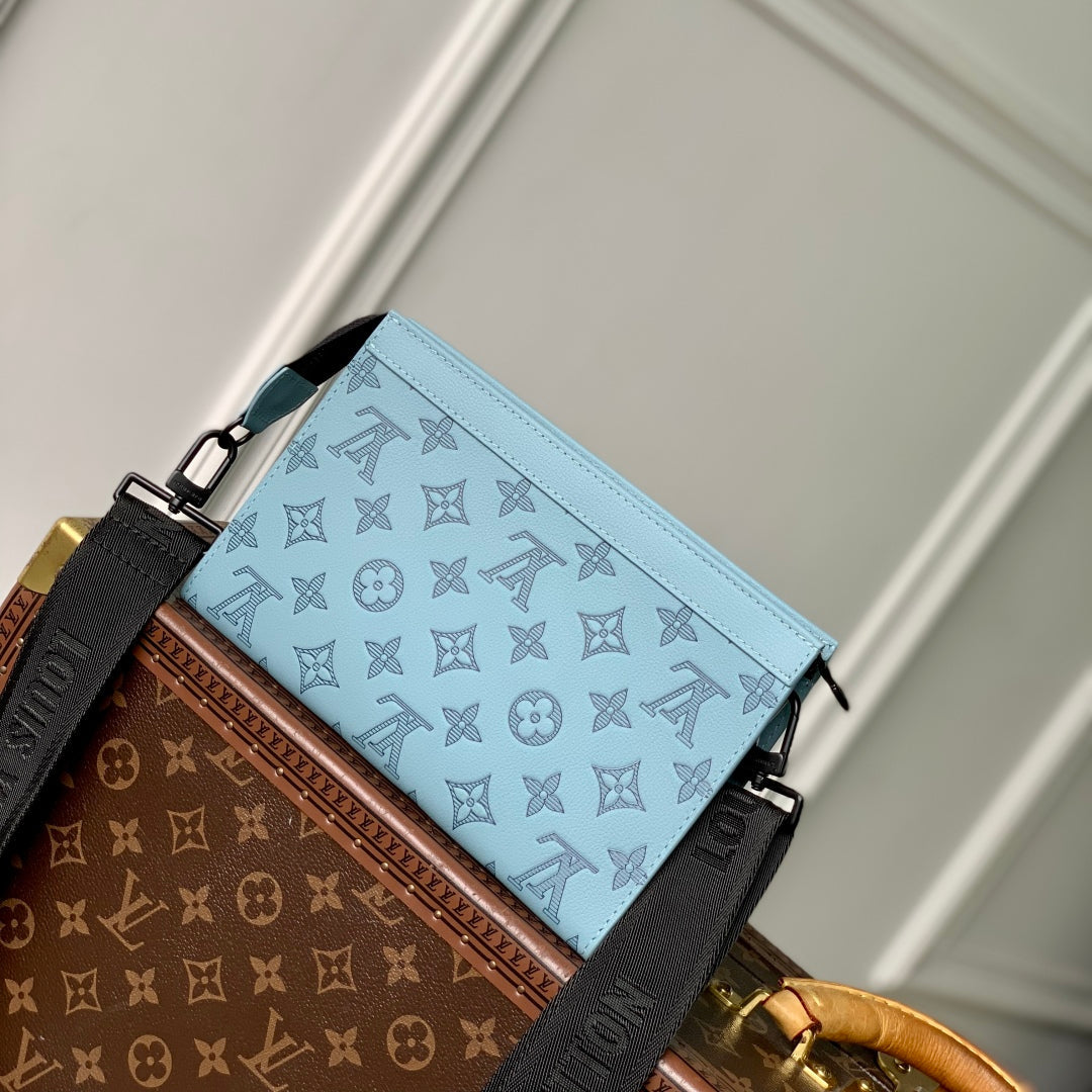 LOUIS VUITTON GASTON WEARABLE WALLET 22 IN SKY BLUE MONOGRAM SHADOW CALFSKIN EMBOSSED LOGO