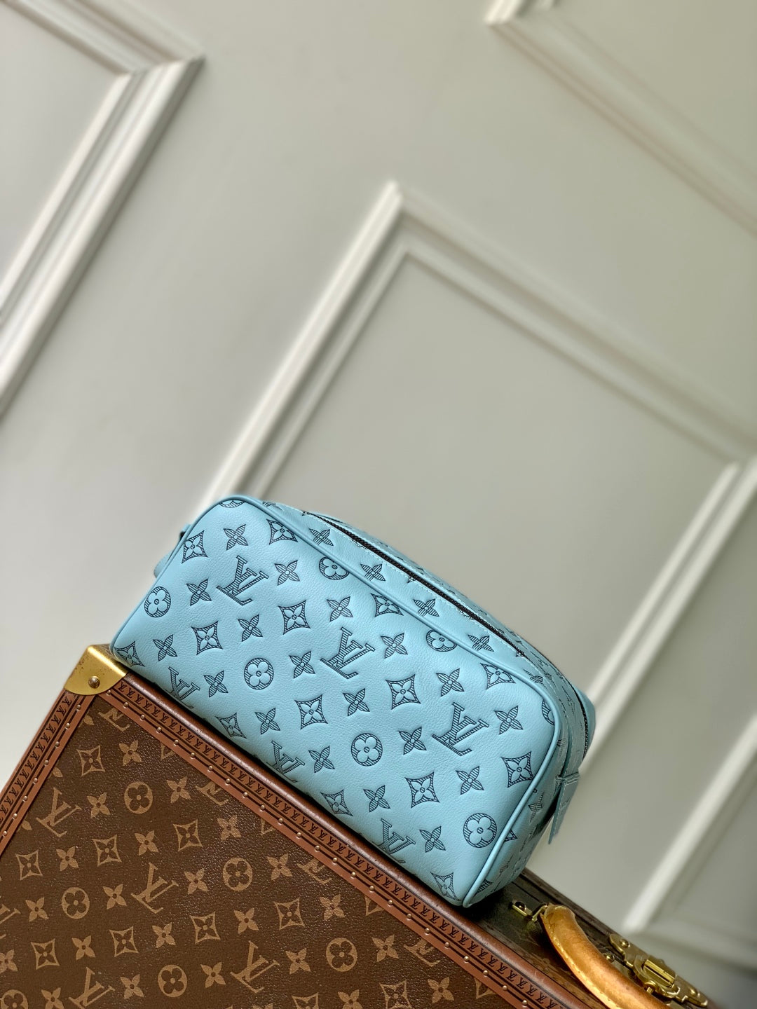 LOUIS VUITTON DOPP KIT 28 IN SKY BLUE MONOGRAM SHADOW CALFSKIN EMBOSSED LOGO