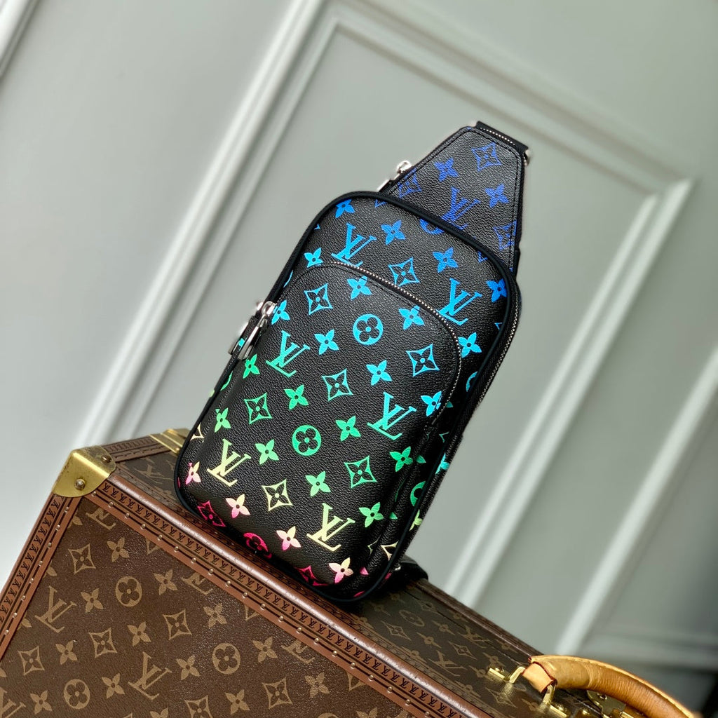 LOUIS VUITTON AVENUE SLINGBAG 18 IN BLACK MONOGRAM ECLIPSE CANVAS MULTICOLOR GRADIANT LOGO