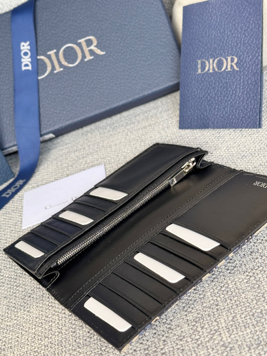 DIOR VERTICAL LONG WALLET 19 IN BLUE MONOGRAM OBLIQUE JACQUARD
