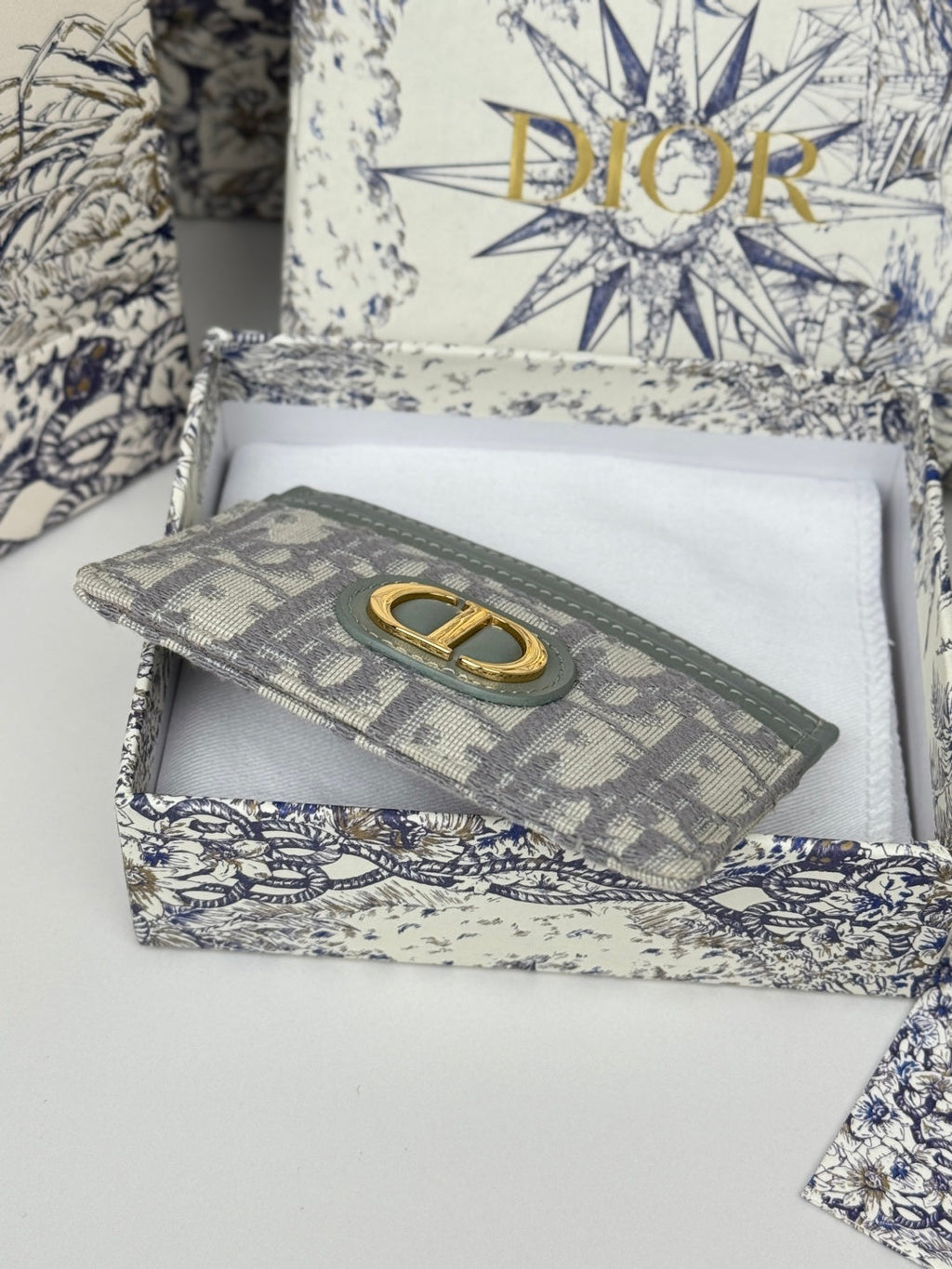 DIOR 25S 30 MONTAIGNE CARD HOLDER 10 IN GRAY GREEN OBLIQUE JACQUARD CANVAS