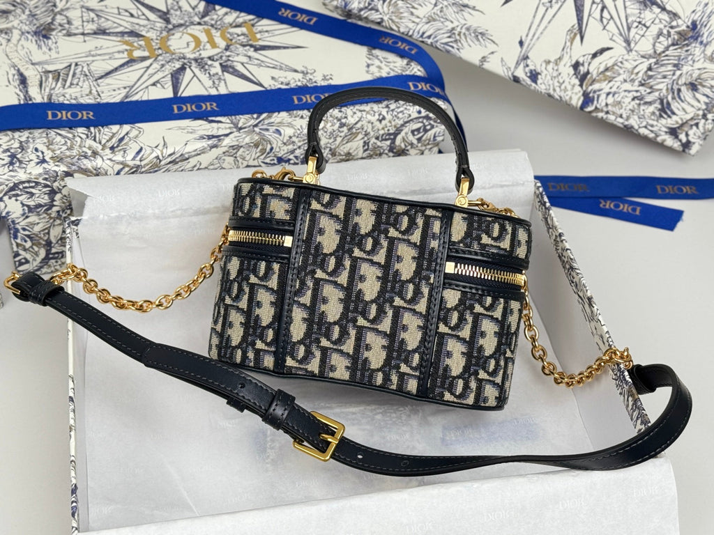 DIOR 25S 30 MONTAIGNE MINI VANITY CASE 16 IN BLUE  OBLIQUE JACQUARD CANVAS