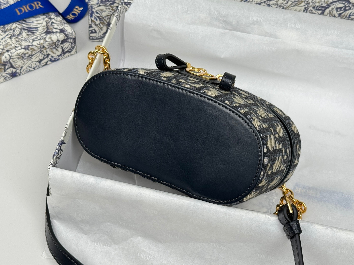 DIOR 25S 30 MONTAIGNE MINI VANITY CASE 16 IN BLUE  OBLIQUE JACQUARD CANVAS