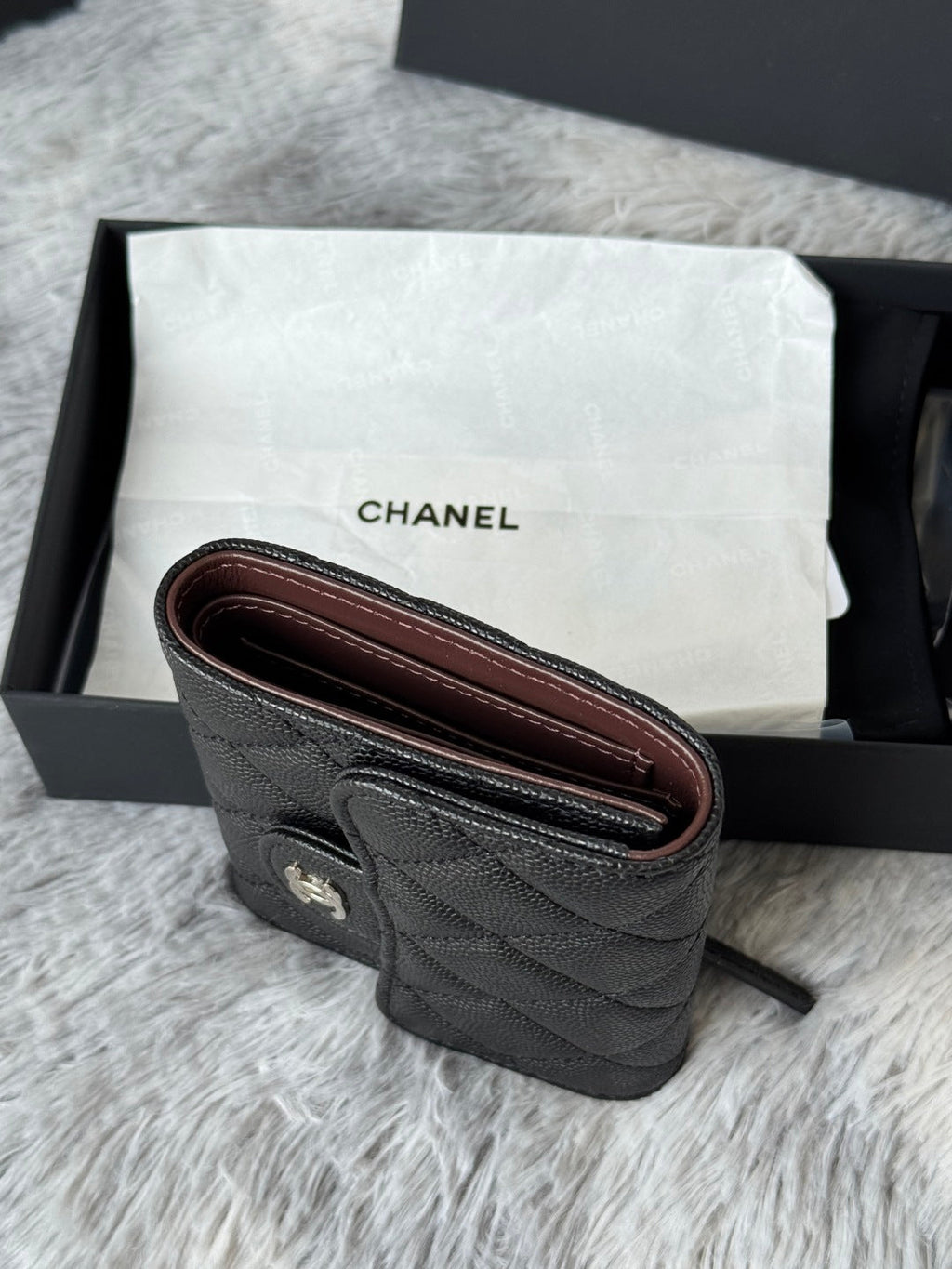 CHANEL 25S CF SMALL TRI FOLD WALLET 11 IN BLACK CAVIAR SILVER HARDWARE