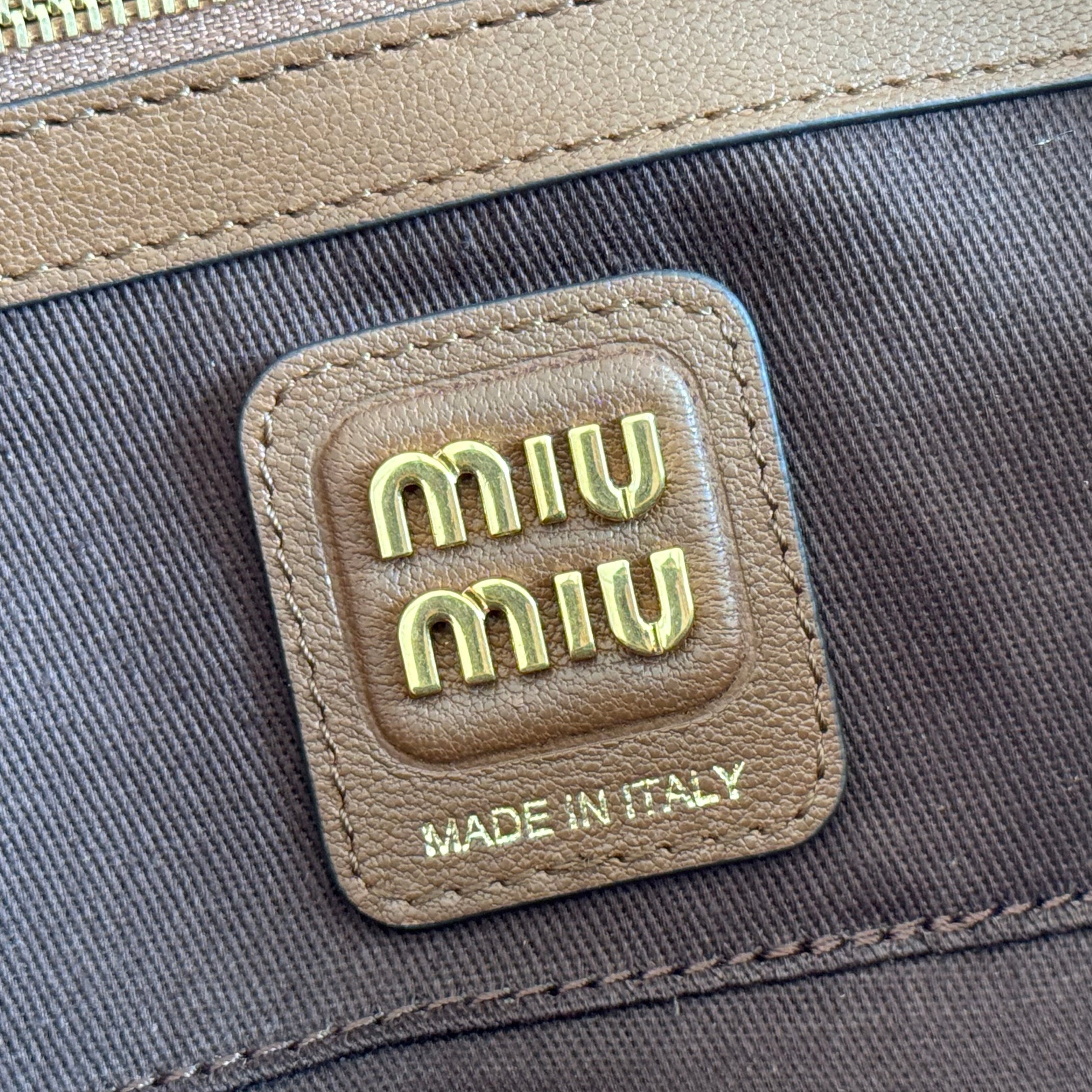 MIUMIU 26S BEAU TOP HANDLE BAG 28 IN COGNAC LEATHER PATCHWORK GOLD HARDWARE