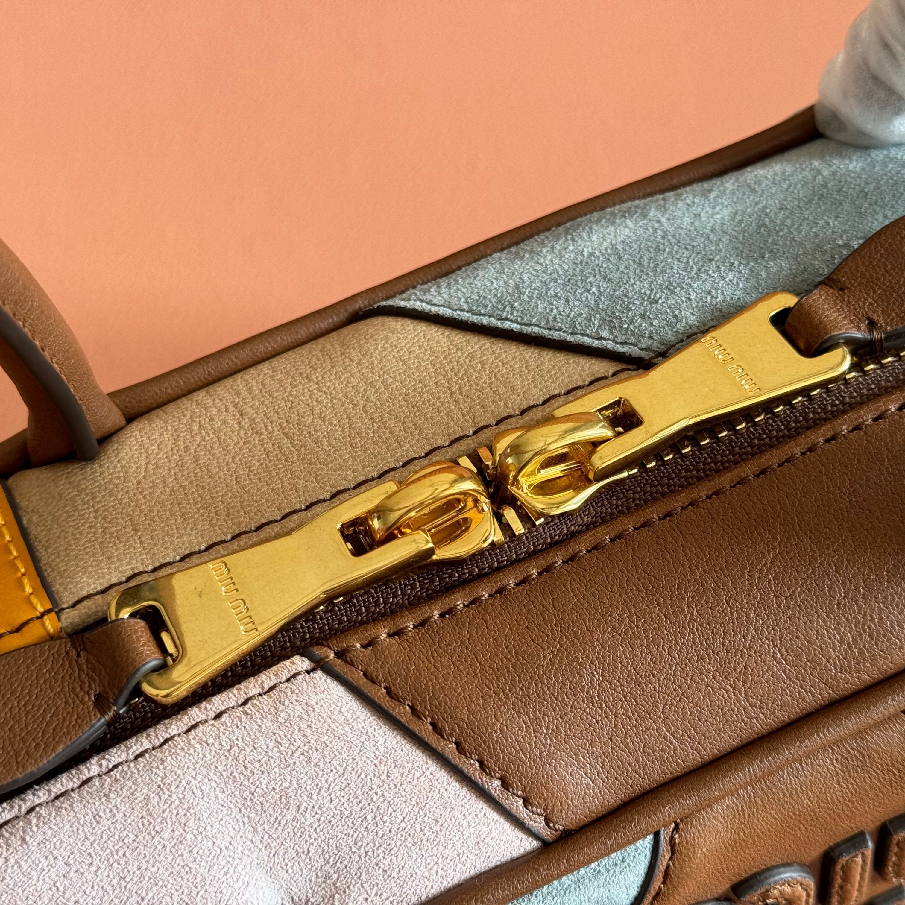 MIUMIU 26S BEAU TOP HANDLE BAG 28 IN COGNAC LEATHER PATCHWORK GOLD HARDWARE