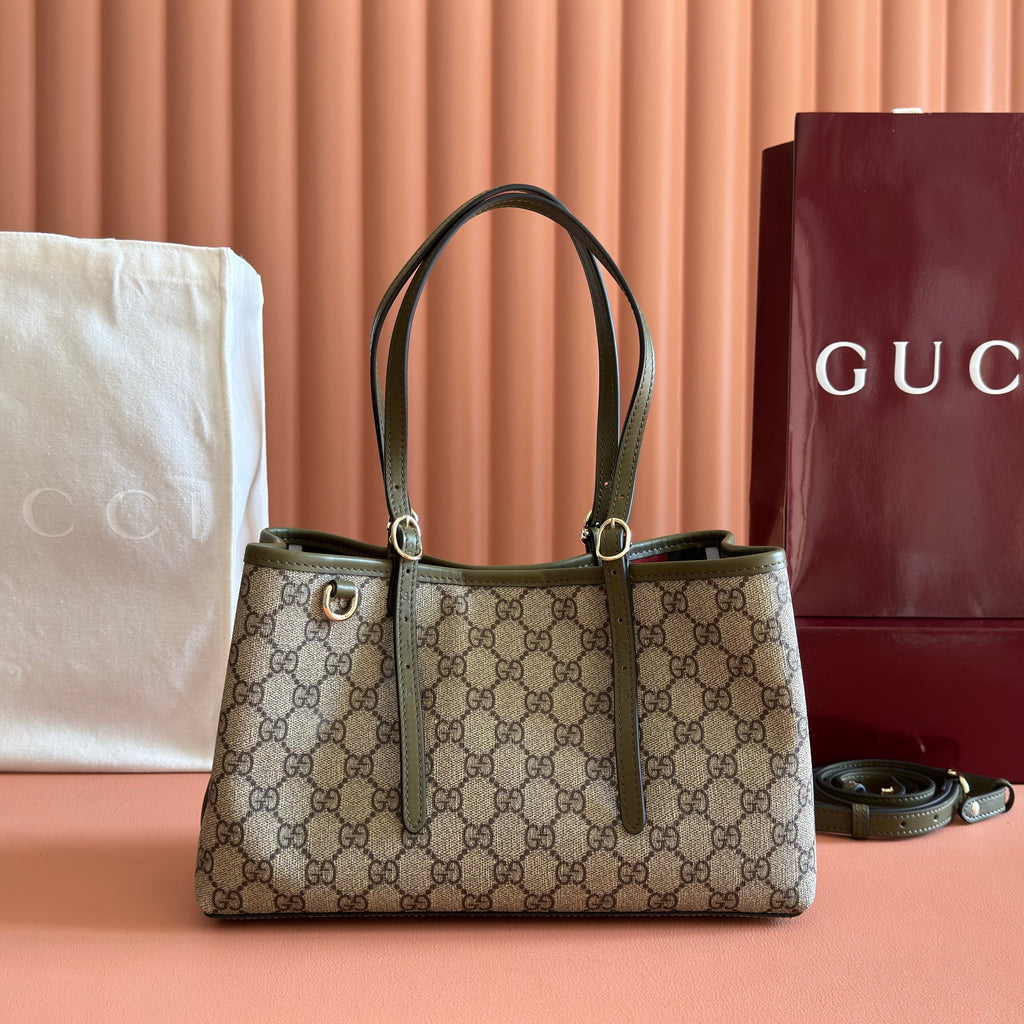 GUCCI 26S TOTE BAG 30 IN DARK BEIGE AND MOSS GREEN CANVAS