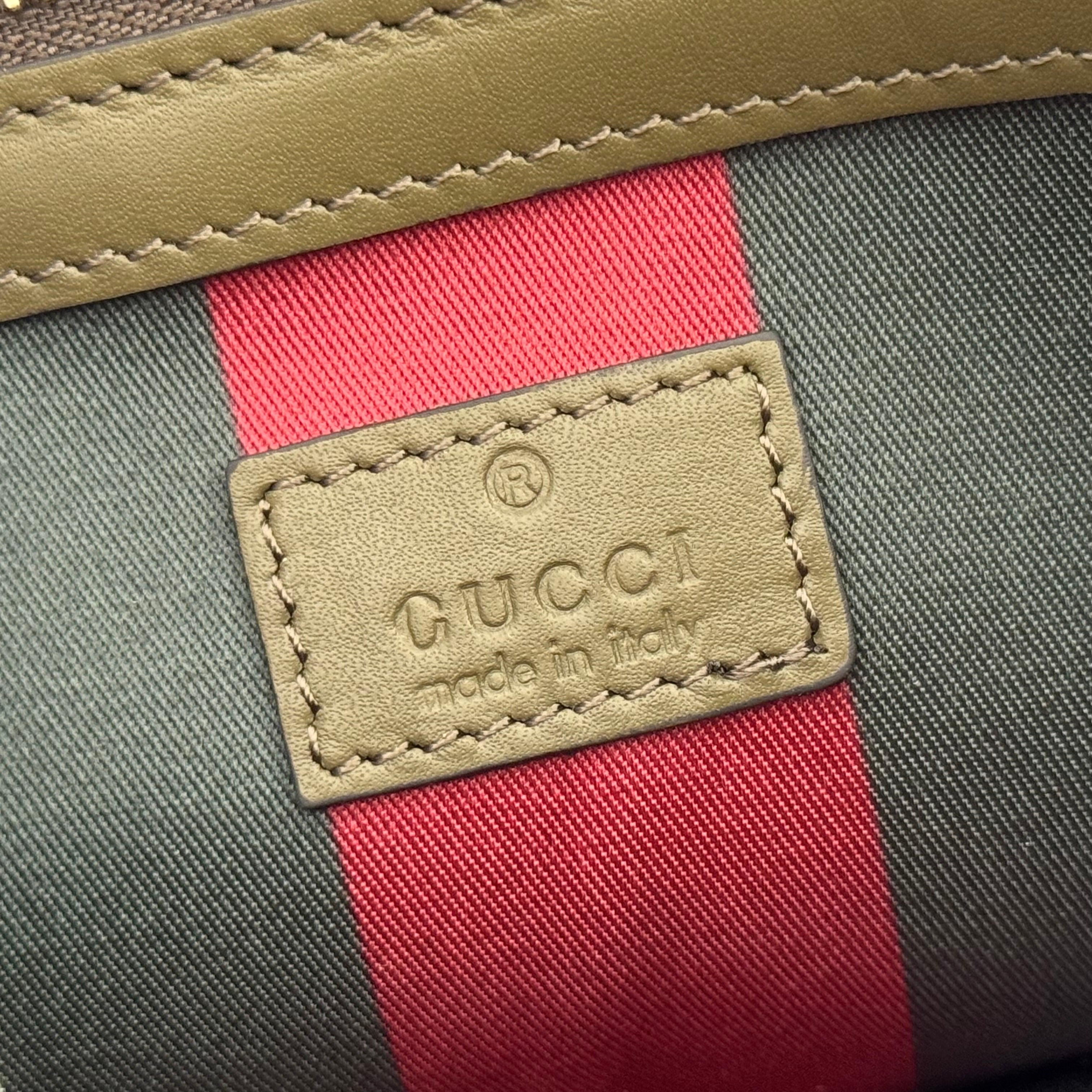 GUCCI 26S TOTE BAG 30 IN DARK BEIGE AND MOSS GREEN CANVAS