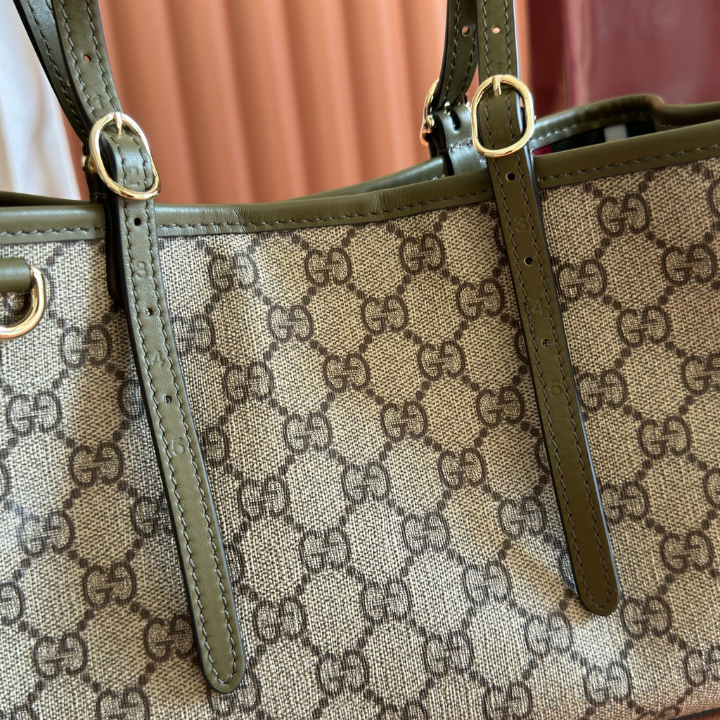 GUCCI 26S TOTE BAG 30 IN DARK BEIGE AND MOSS GREEN CANVAS