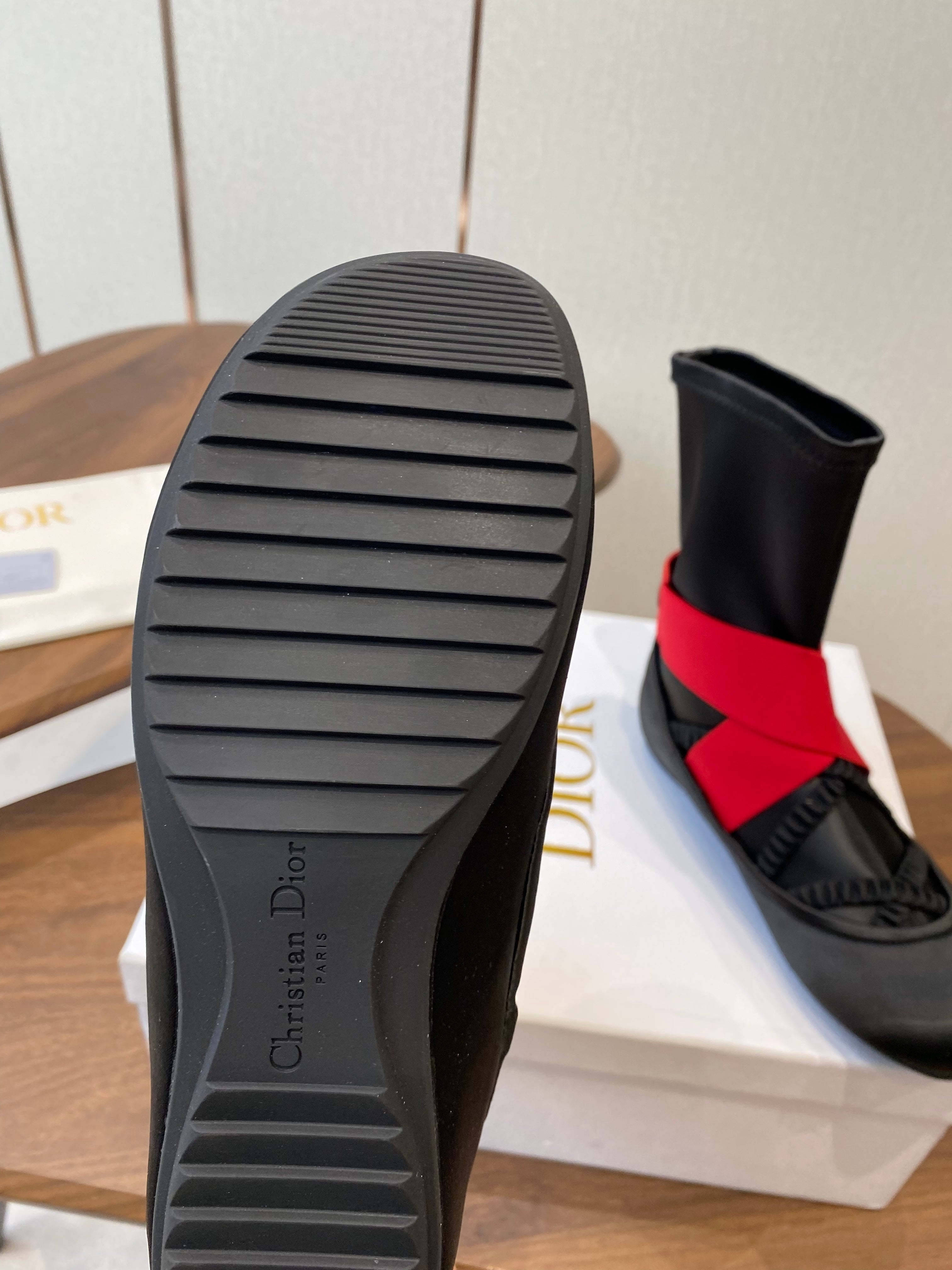 DIOR 25S STRETCH BALLET BOOTS IN BLACK AND RED SATIN