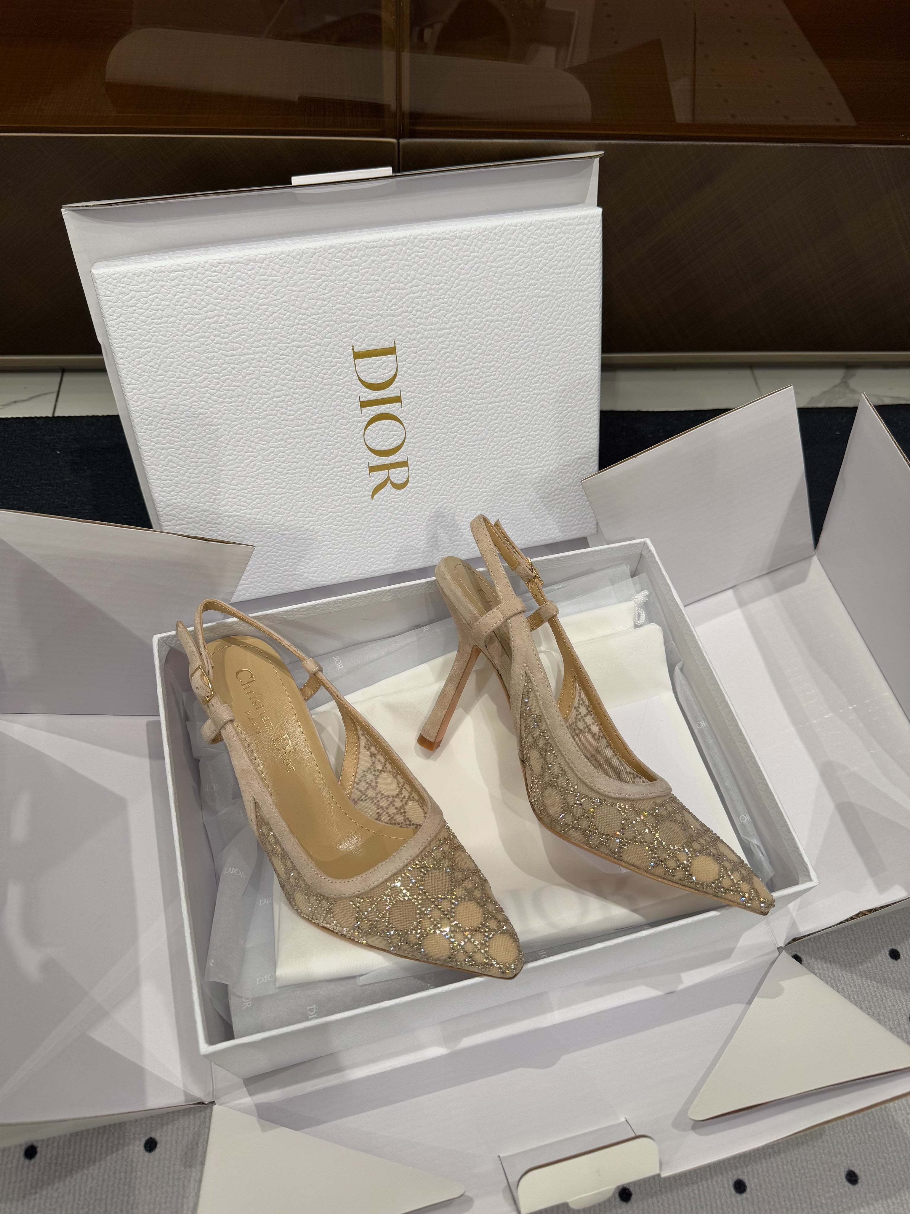 DIOR HIGH HEELS SLINGBACK IN CAMEL BEIGE LAMB SUEDE 10 CM