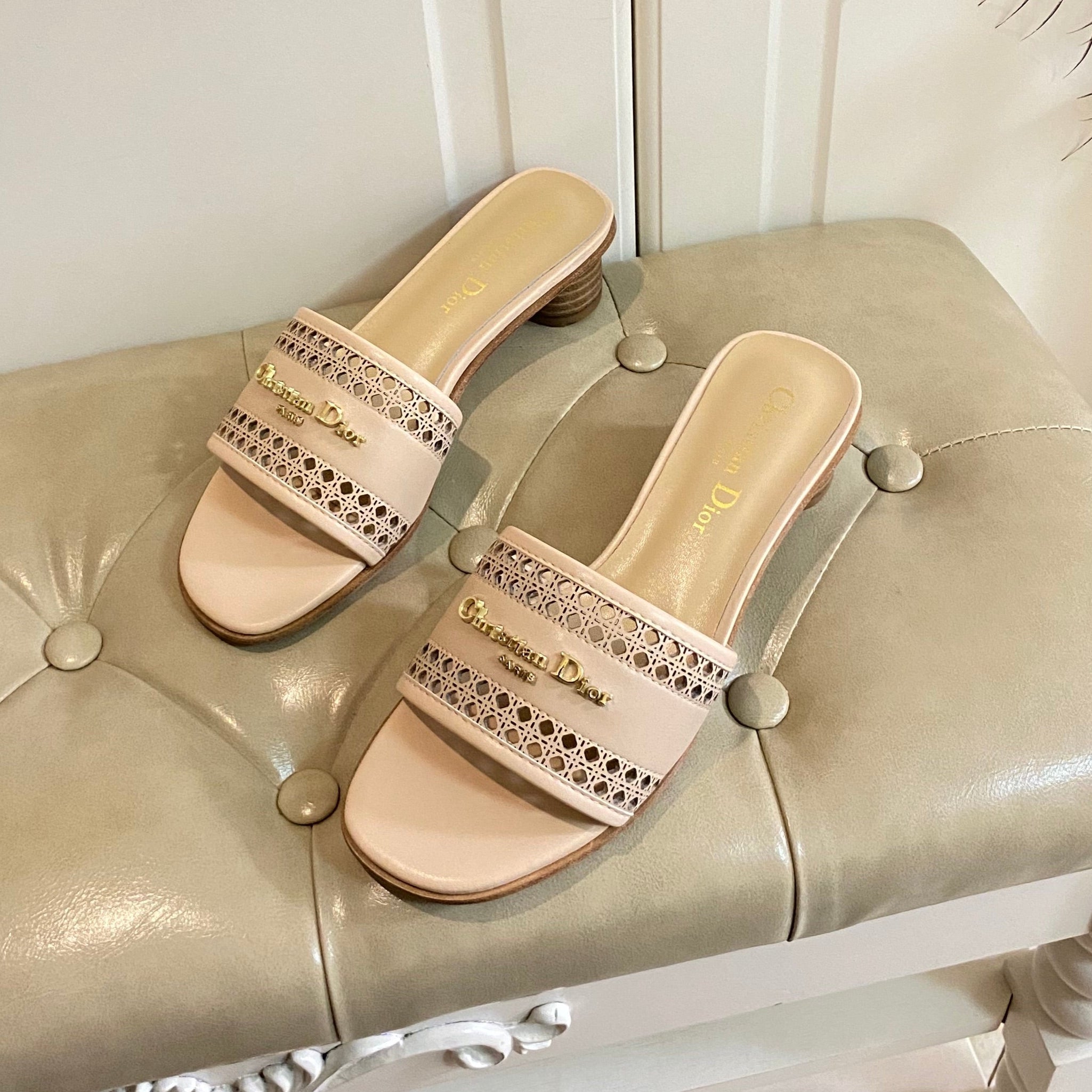 DIOR DWAY HEELED SLIDE IN CAMEL BEIGE CALFSKIN WITH GOLD LOGO