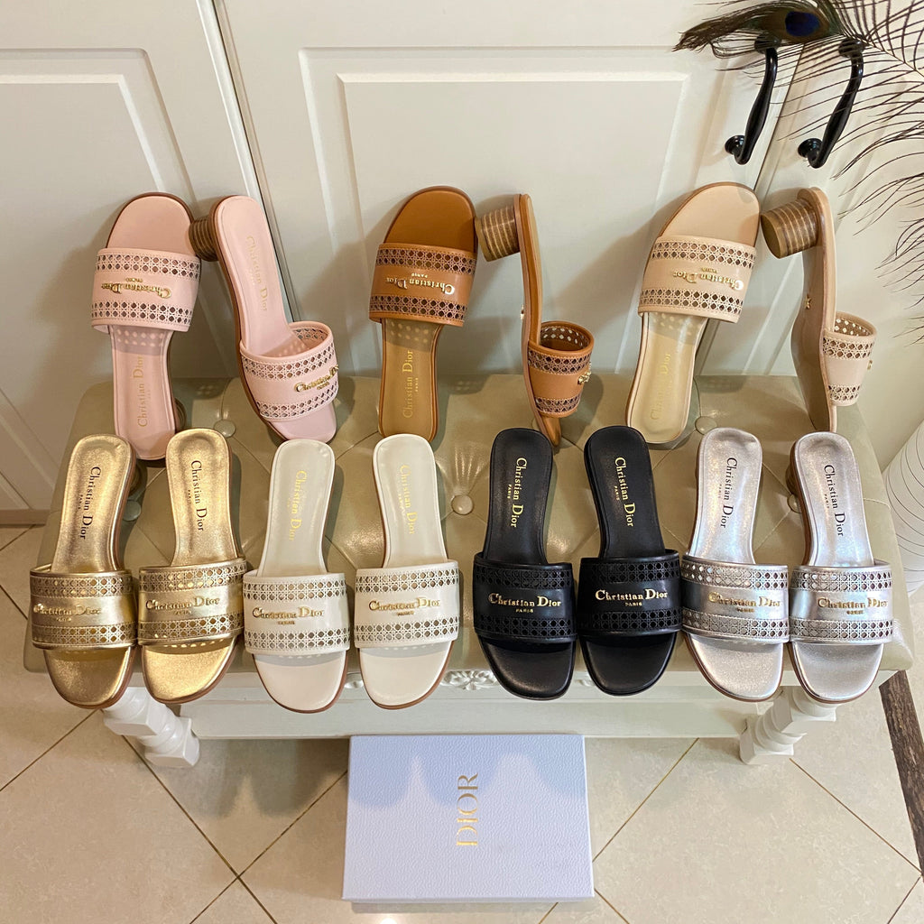 DIOR DWAY HEELED SLIDE IN BRONZE BROWN CALFSKIN WITH GOLD LOGO
