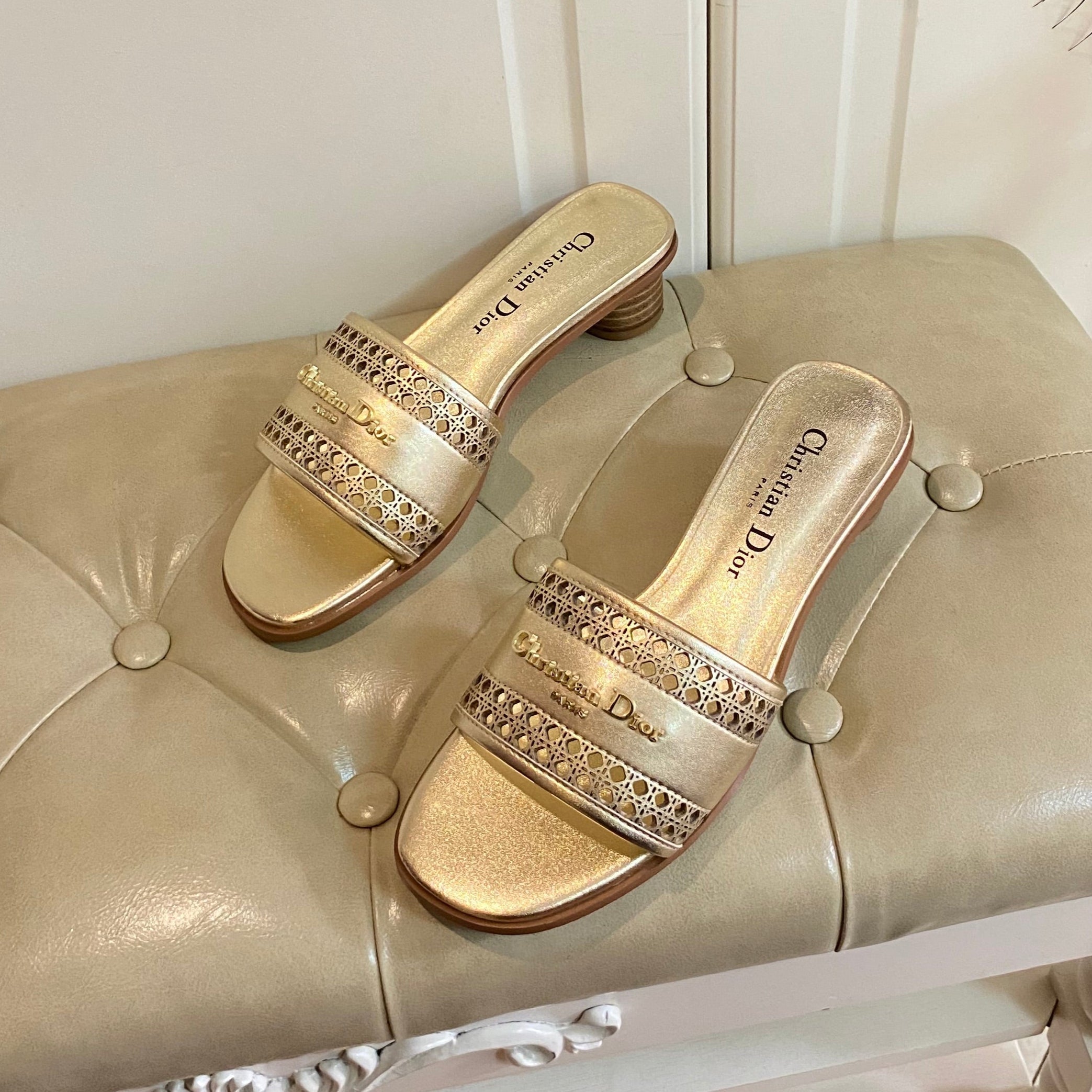 DIOR DWAY HEELED SLIDE IN GOLD CALFSKIN WITH GOLD LOGO