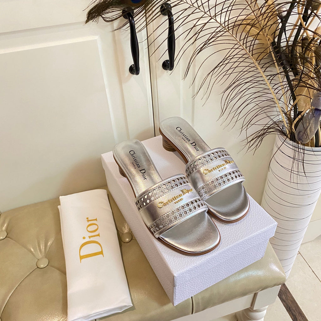 DIOR DWAY HEELED SLIDE IN SILVER CALFSKIN WITH GOLD LOGO