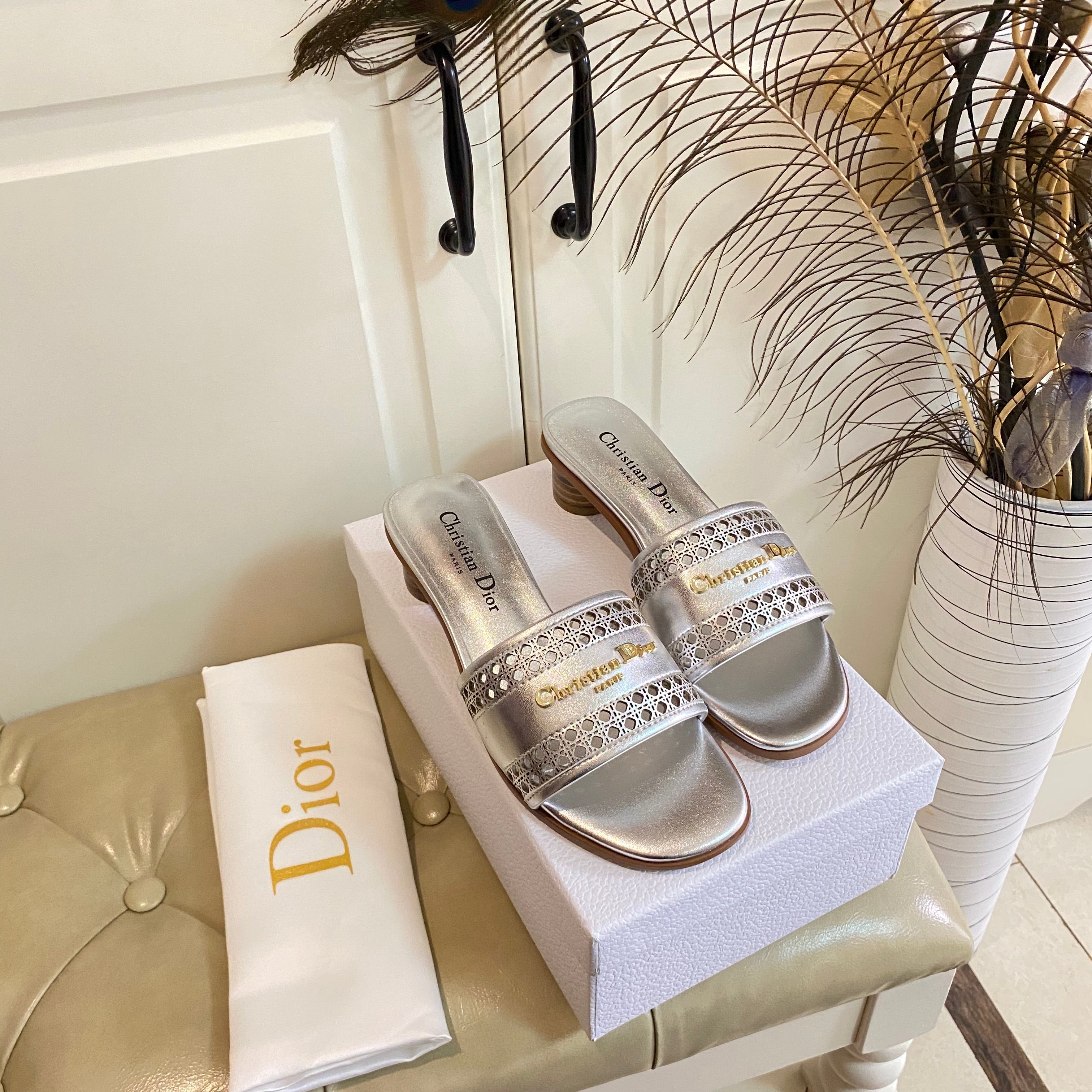 DIOR DWAY HEELED SLIDE IN SILVER CALFSKIN WITH GOLD LOGO