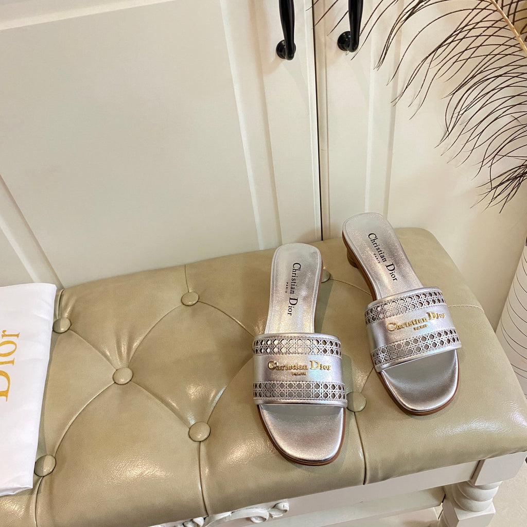 DIOR DWAY HEELED SLIDE IN SILVER CALFSKIN WITH GOLD LOGO