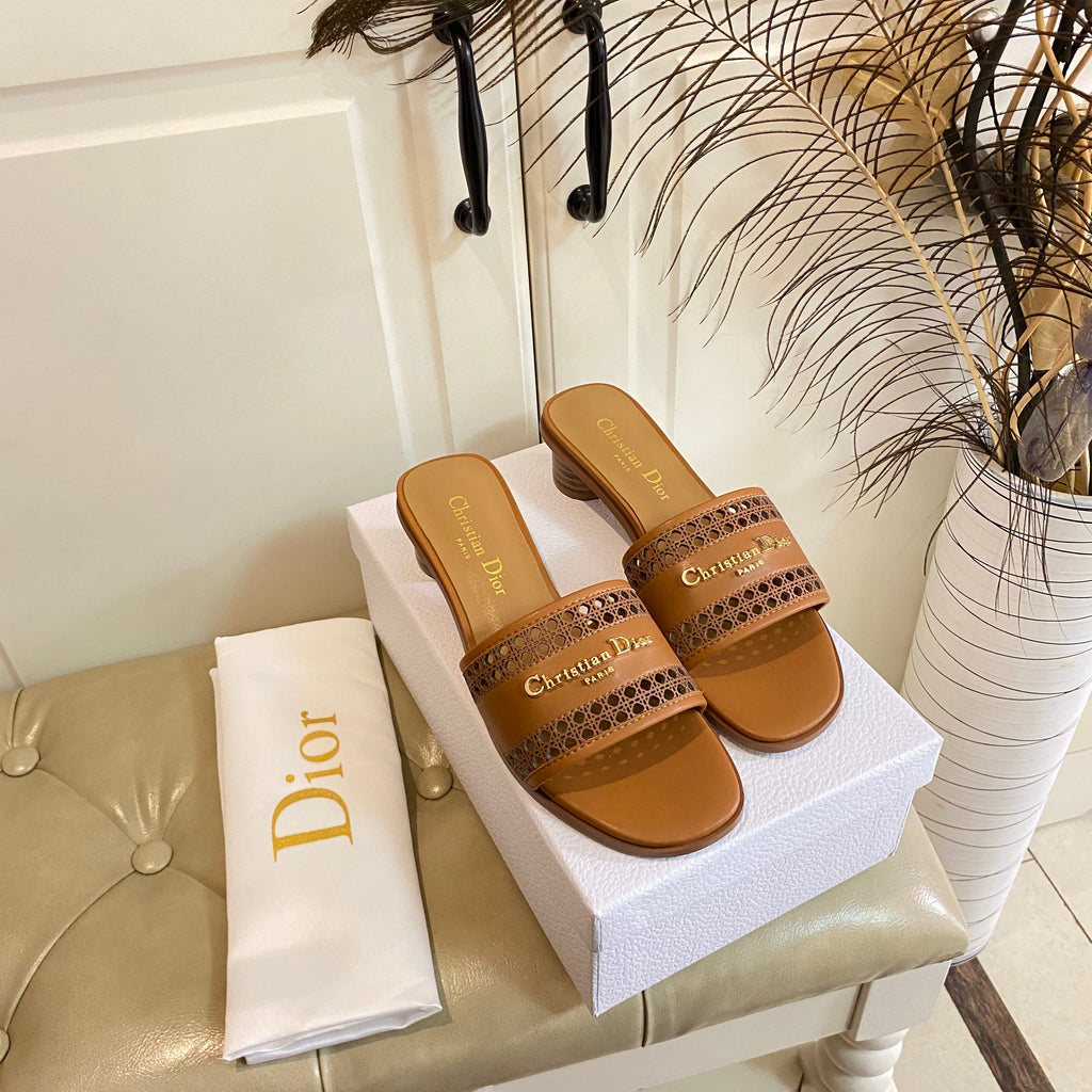 DIOR DWAY HEELED SLIDE IN BRONZE BROWN CALFSKIN WITH GOLD LOGO