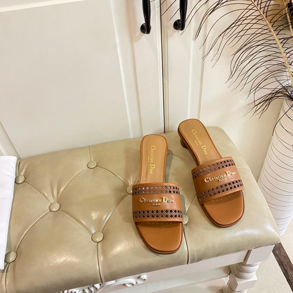 DIOR DWAY HEELED SLIDE IN BRONZE BROWN CALFSKIN WITH GOLD LOGO