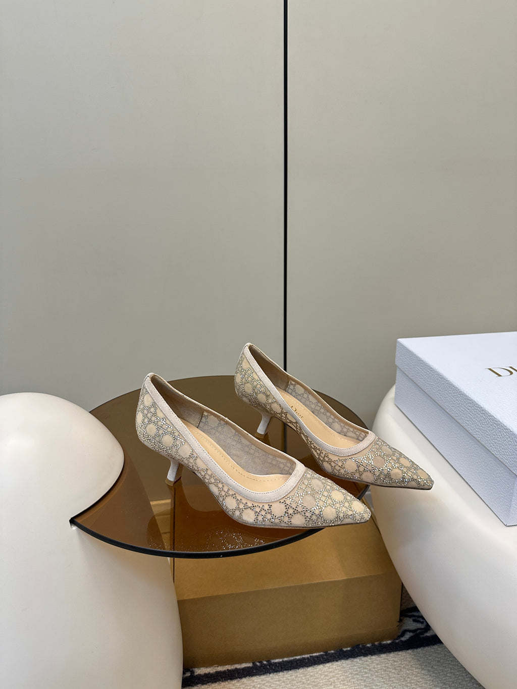 DIOR POINTED TOE HEELS 55MM IN NUDE MESH WITH RHINESTONES