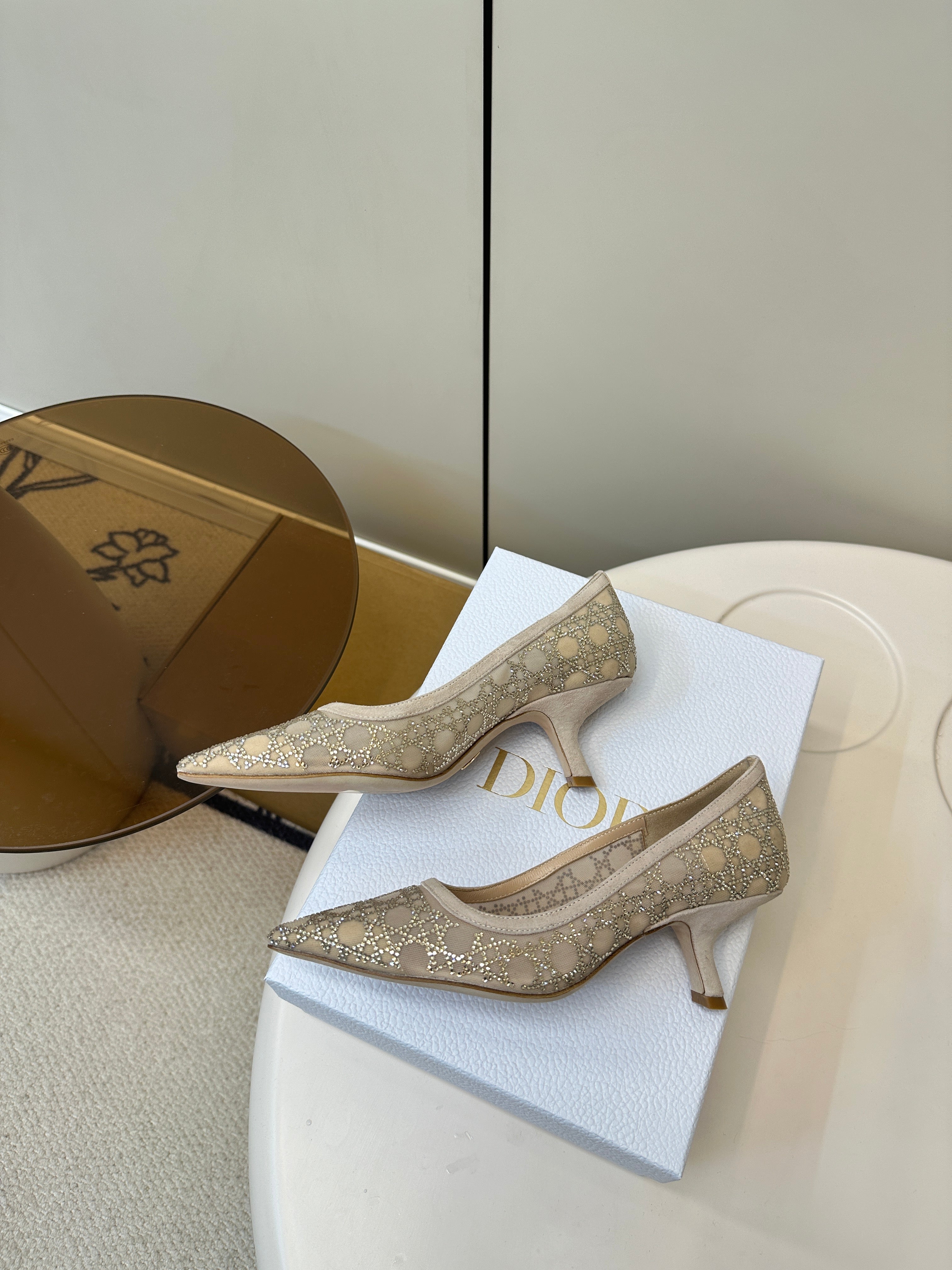DIOR POINTED TOE HEELS 55MM IN NUDE MESH WITH RHINESTONES
