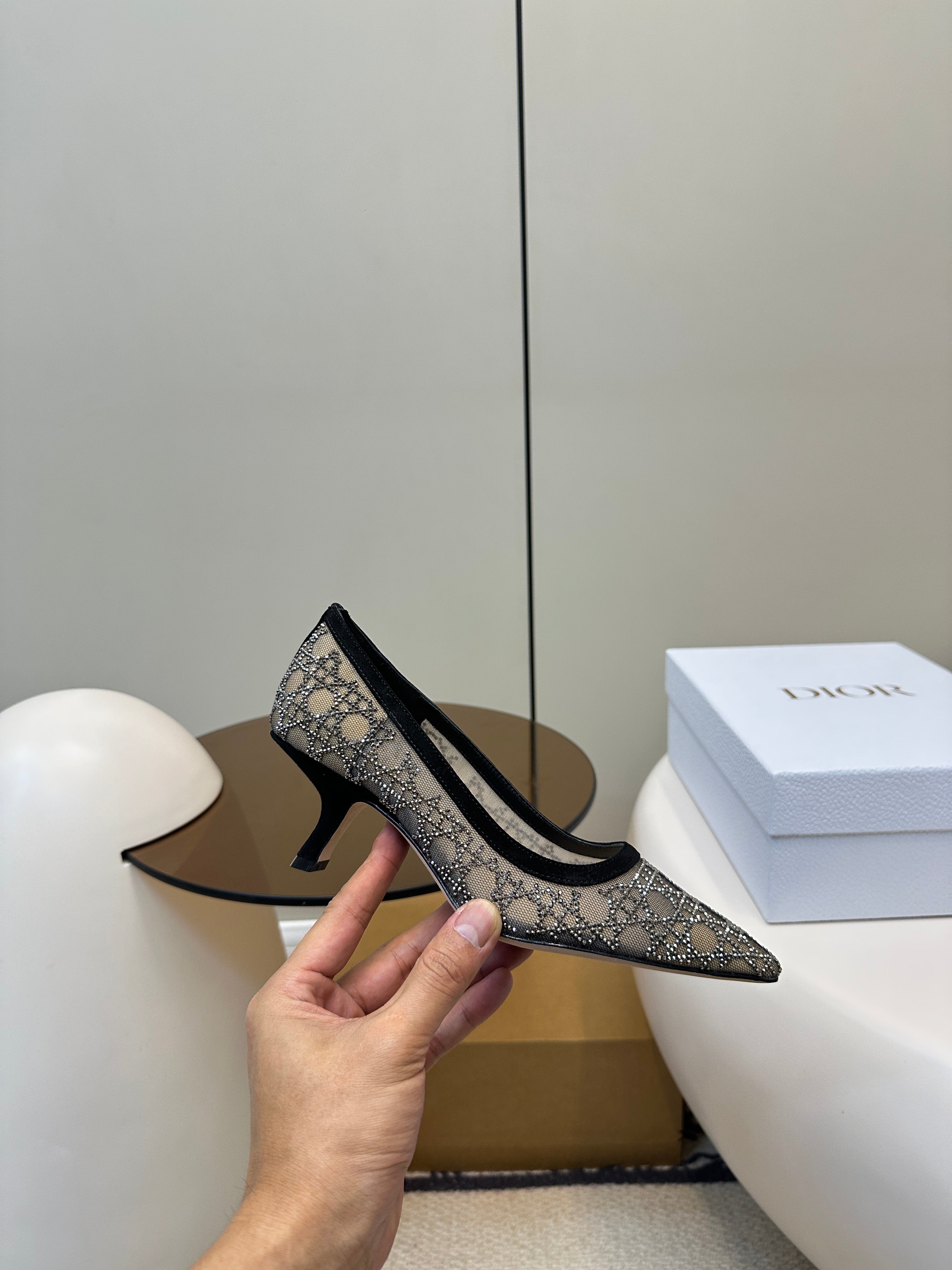 DIOR POINTED TOE HEELS 55MM IN BLACK MESH WITH RHINESTONES