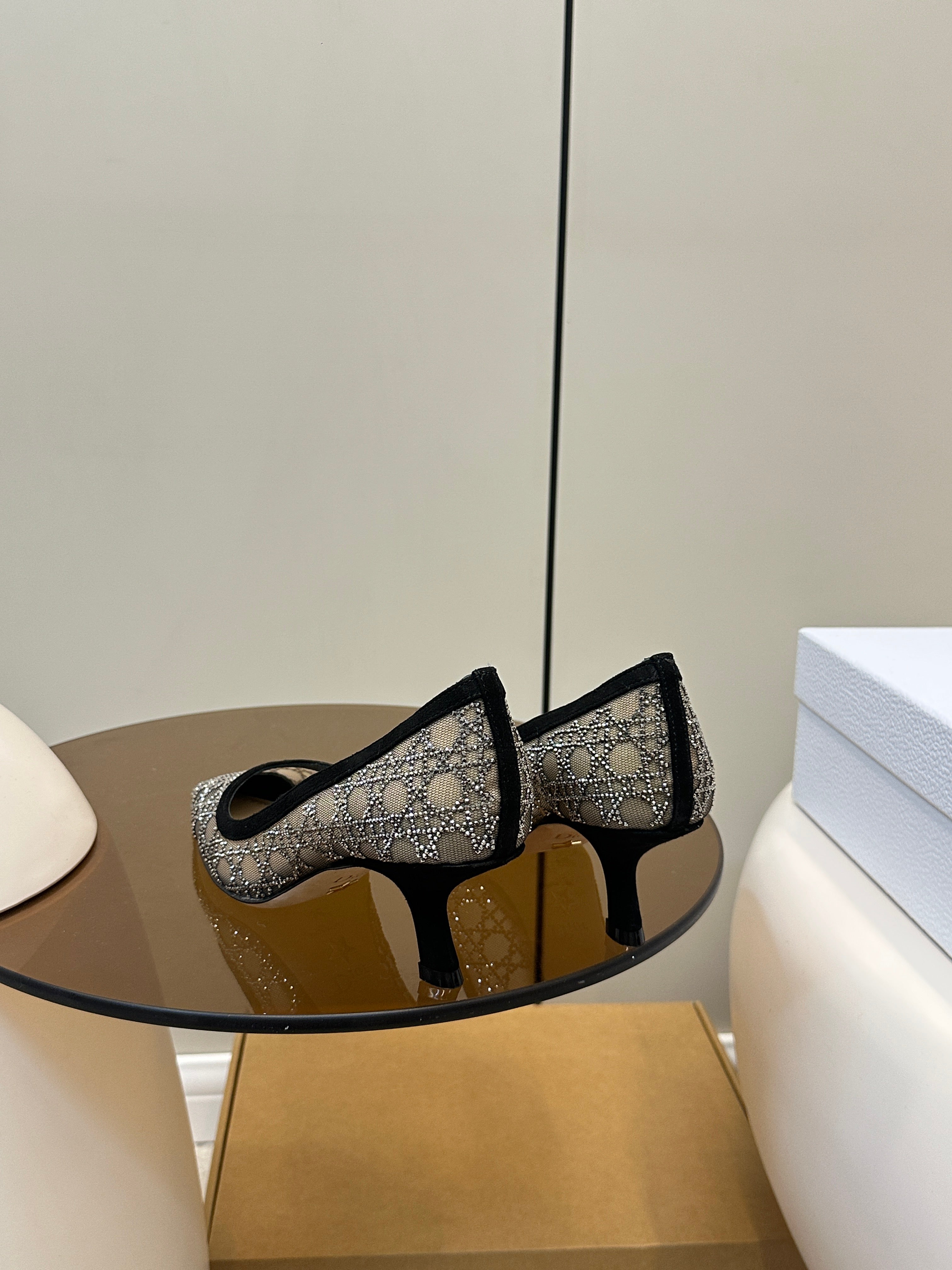 DIOR POINTED TOE HEELS 55MM IN BLACK MESH WITH RHINESTONES