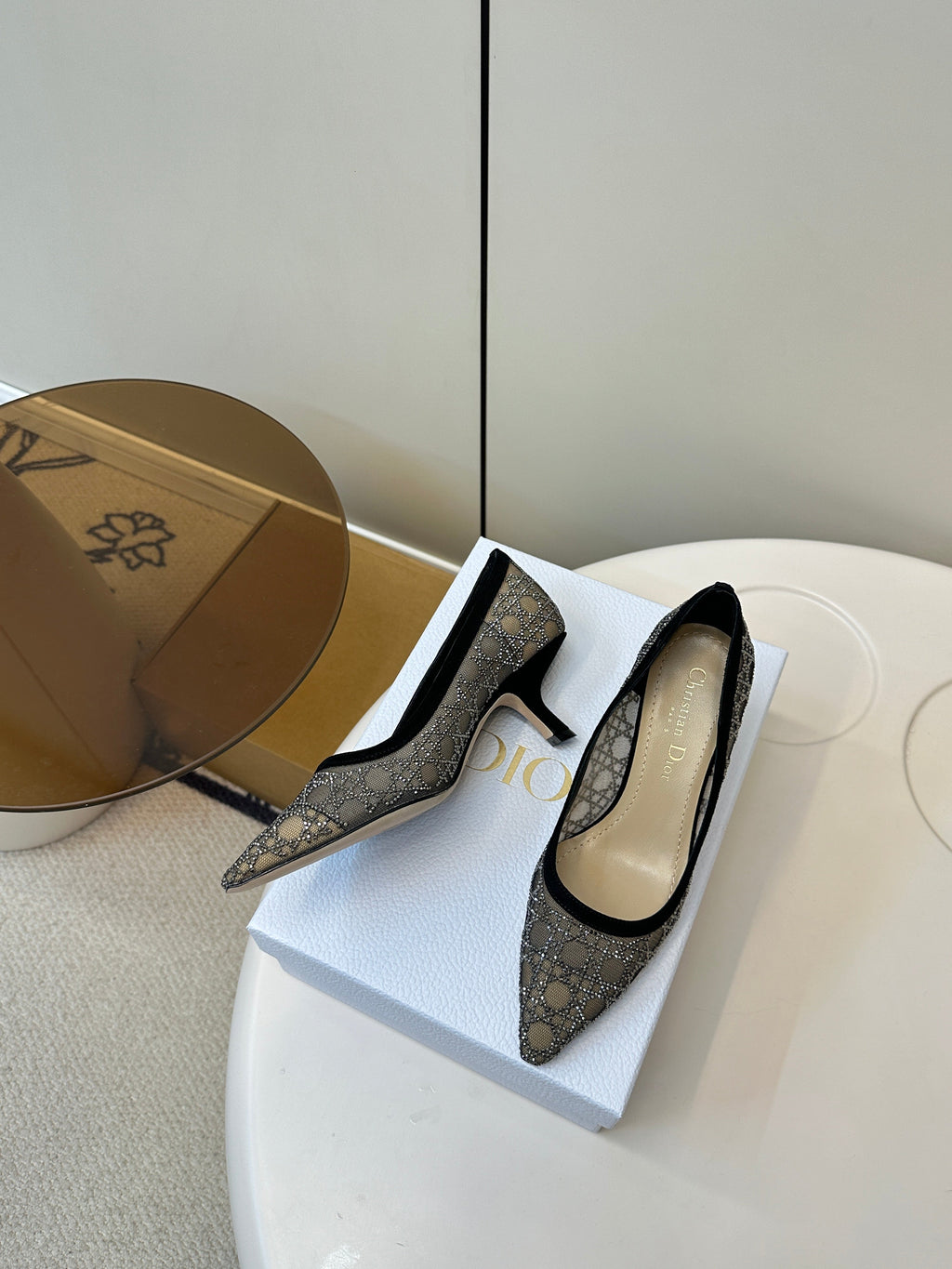 DIOR POINTED TOE HEELS 55MM IN BLACK MESH WITH RHINESTONES
