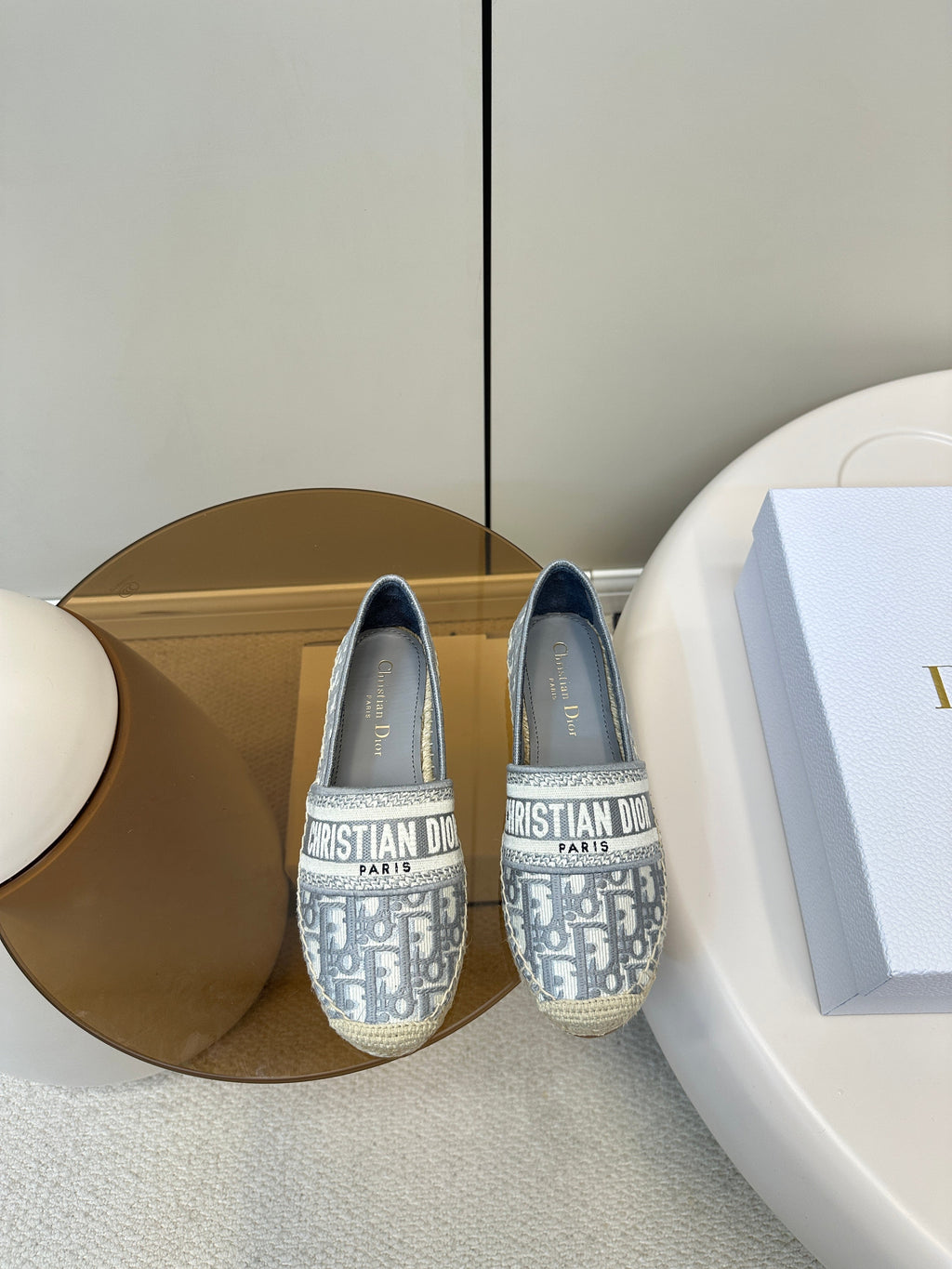 DIOR GRANVILLE ESPADRILLES FLAT 25S IN GRAY OBLIQUE EMBROIDERED COTTON