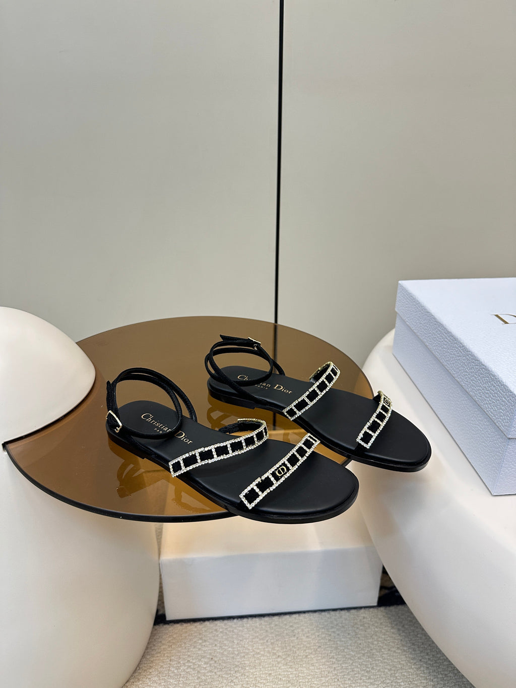 DIOR FLAT SANDALS 25S IN BLACK CALFSKIN RHINESTONES STRAP