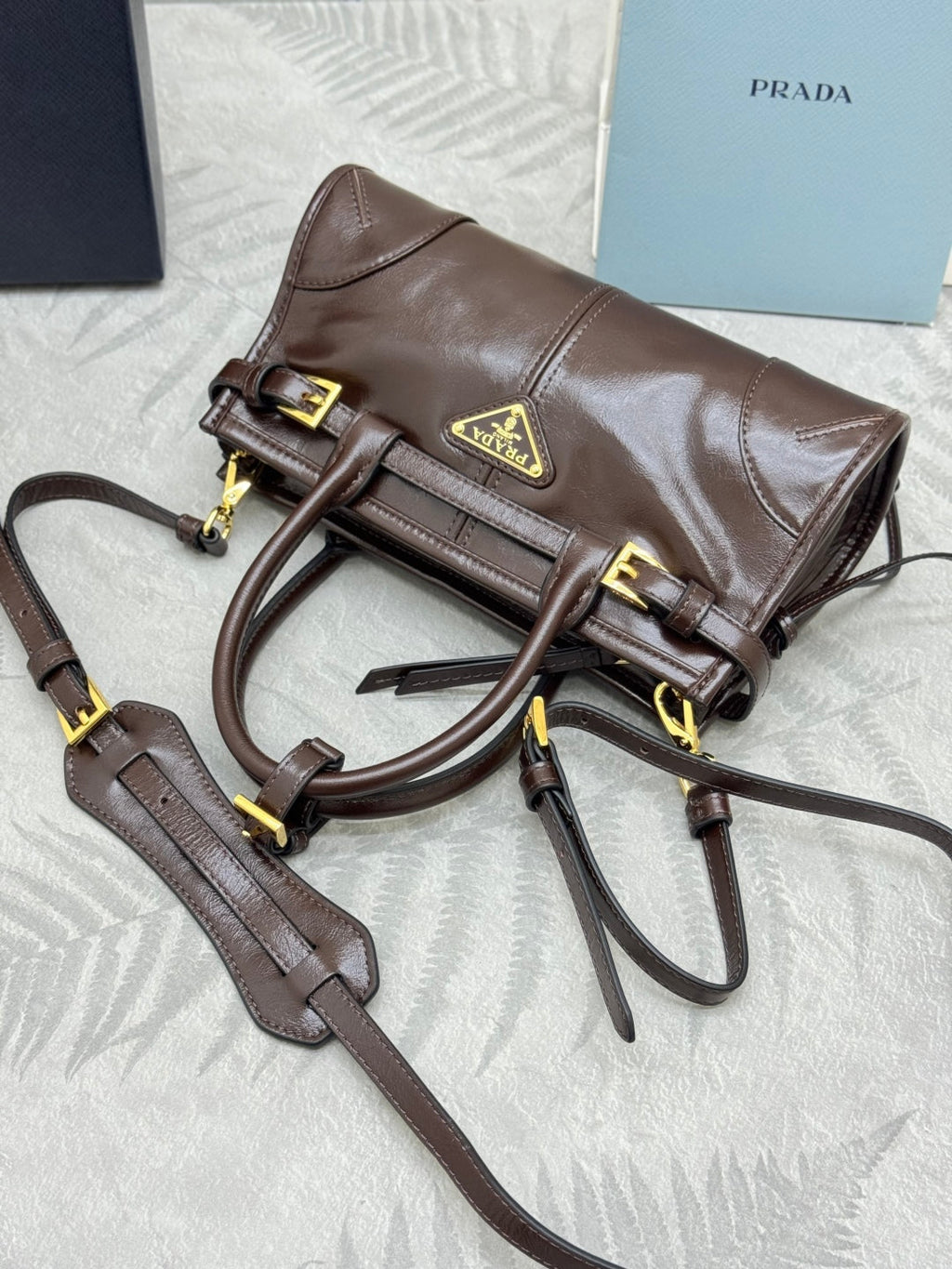PRADA 25S BONNIE MINI HANDBAG 23 IN RK BROWN CALFSKIN GOLD HARDWRE