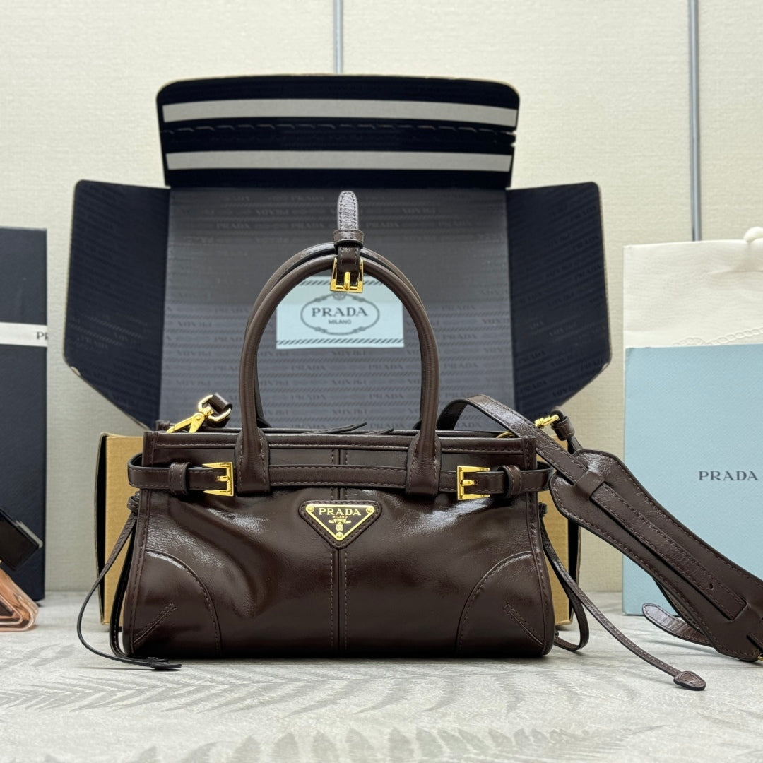 PRADA 25S BONNIE MINI HANDBAG 23 IN RK BROWN CALFSKIN GOLD HARDWRE
