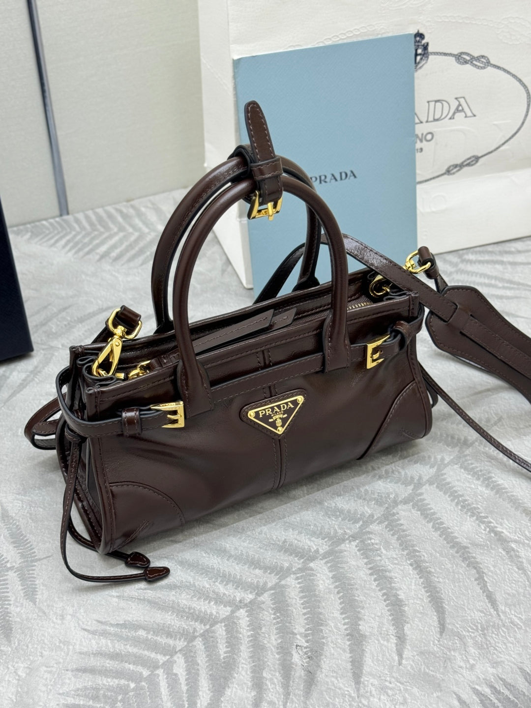 PRADA 25S BONNIE MINI HANDBAG 23 IN RK BROWN CALFSKIN GOLD HARDWRE