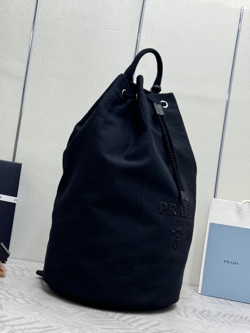PRADA 25S DRAWSTRING BACKPACK 55 IN BLACK CANVAS LINEN SILVER HARDWARE