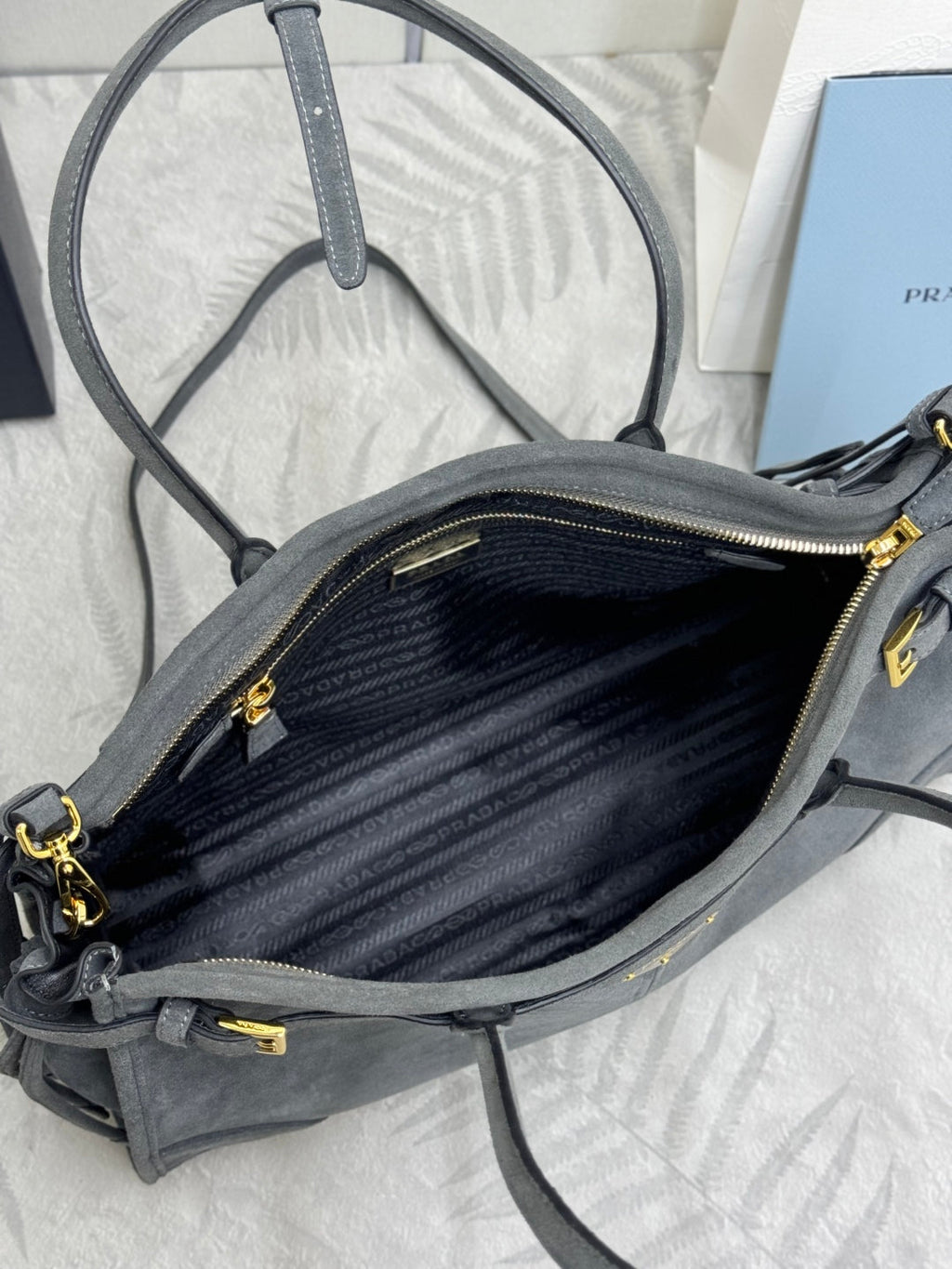 PRADA 25S BONNIE LARGE HANDBAG 38 IN RK GRAY SUEDE GOLD HARDWARE