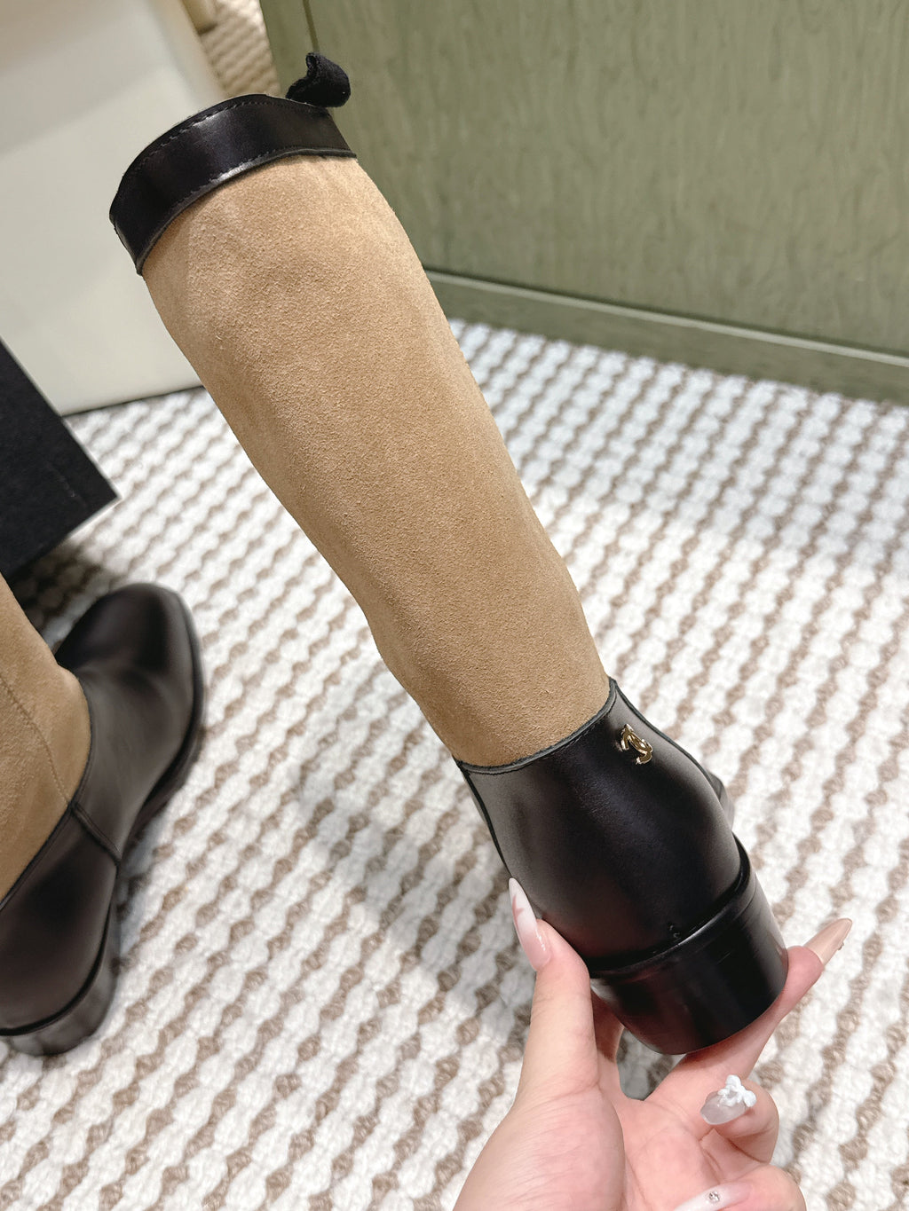 CHANEL 25S MID-CALF BOOTS IN TAN BROWN SUEDE MIX BLACK CALFSKIN