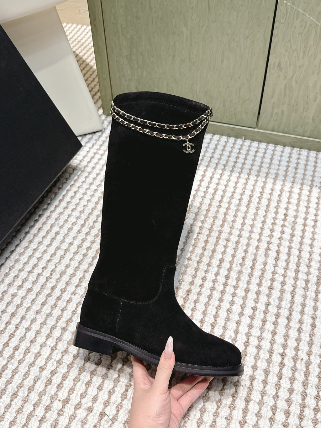 CHANEL 25S KNEE-HIGH BOOTS IN BLACK SUEDE GOLD HARDWARE