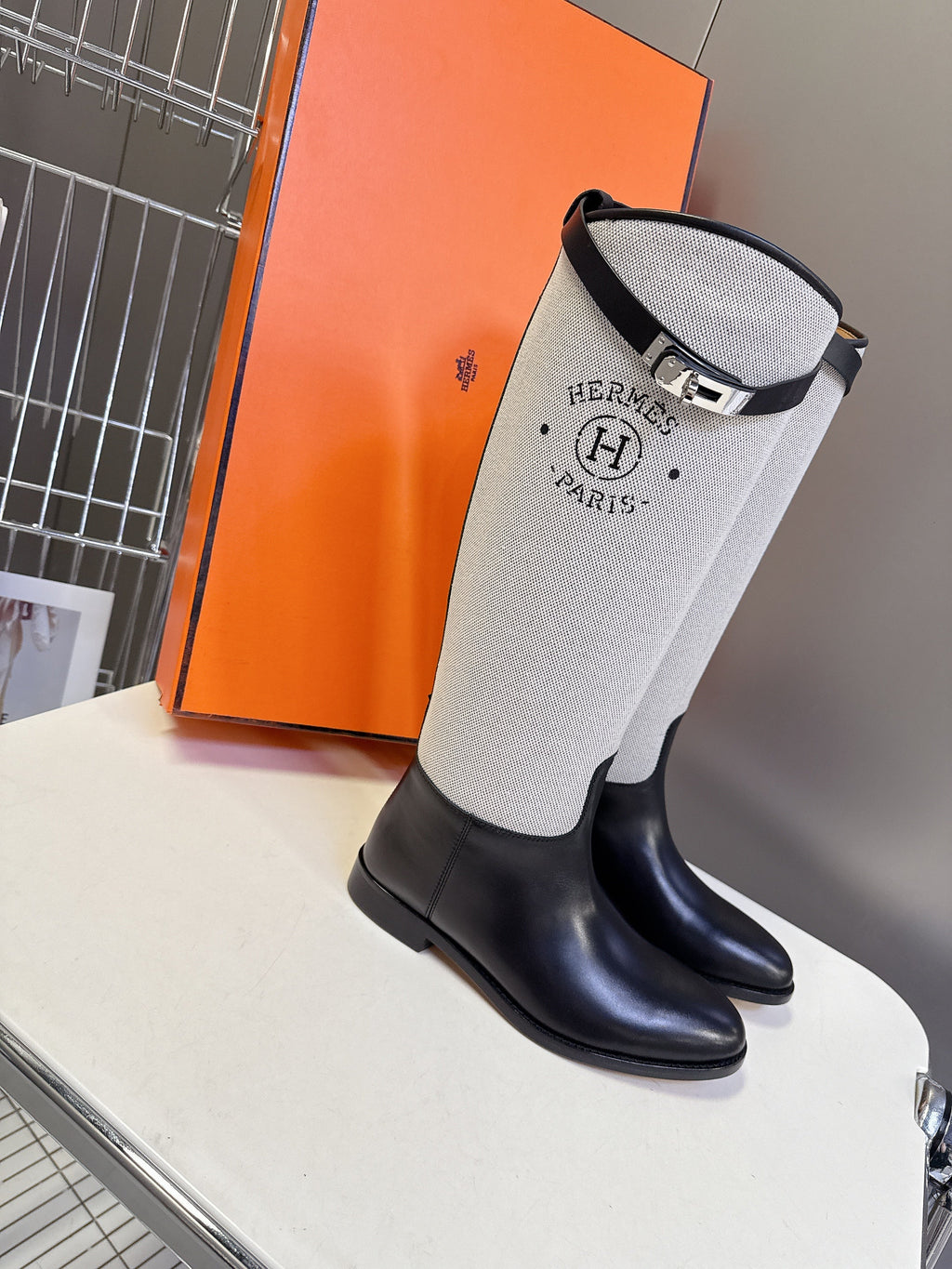 HERMES 25S JUMPING BOOT IN BLACK LAMBSKIN AND GREY CANVAS WITH SILVER HARDWARE