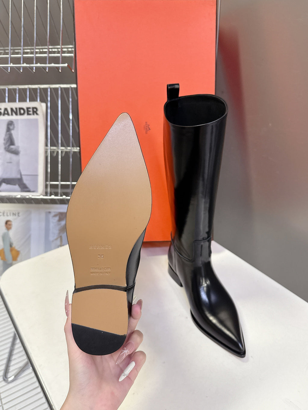 HERMES 25S POINTED-TOE KNEE-HIGH BOOTS IN BLACK GLOSSY LAMBSKIN