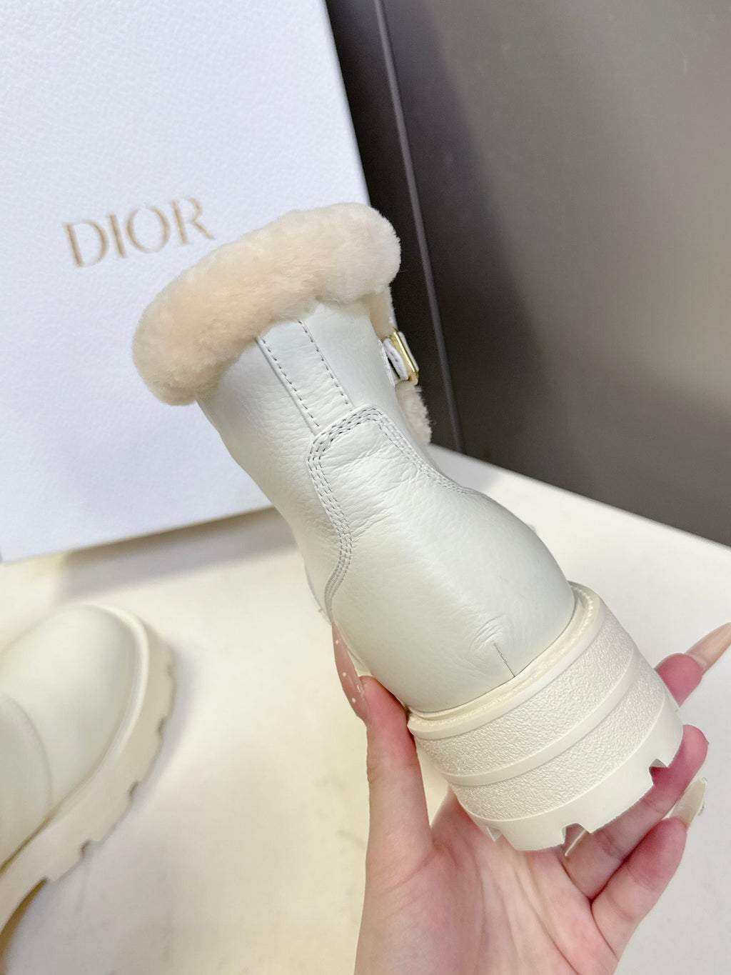 DIOR ALPS ANKLE BOOTS 25S IN WHITE LAMBSKIN AND BEIGE WOOL WITH GOLD HARDWARE