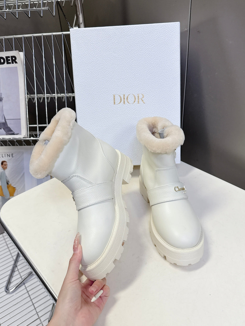DIOR ALPS ANKLE BOOTS 25S IN WHITE LAMBSKIN AND BEIGE WOOL WITH GOLD HARDWARE