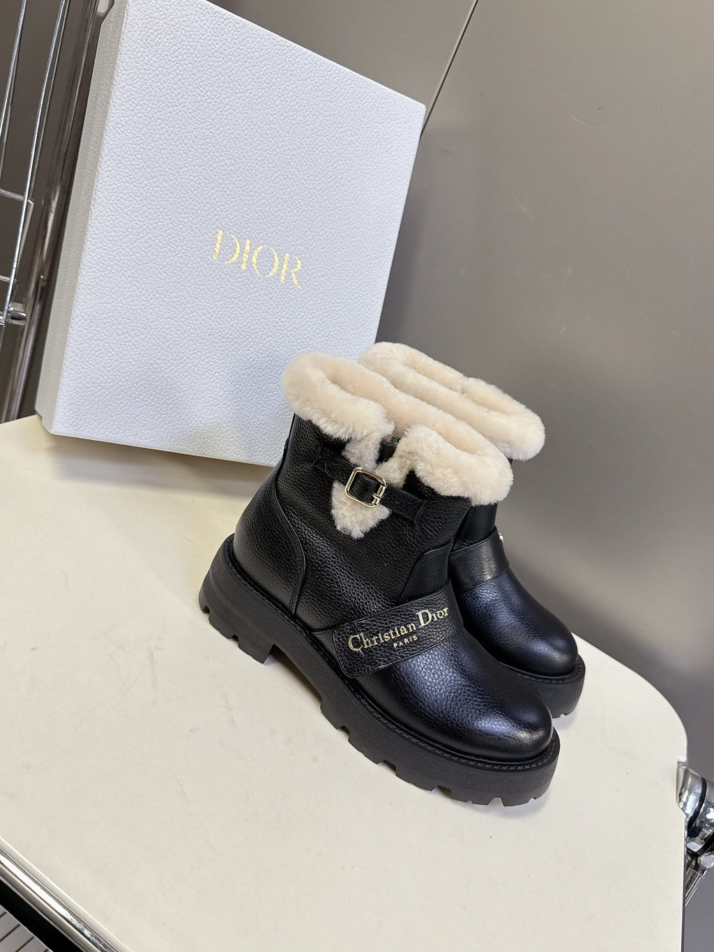 DIOR ALPS ANKLE BOOTS 25S IN BLACK LAMBSKIN AND BEIGE WOOL WITH SILVER HARDWARE