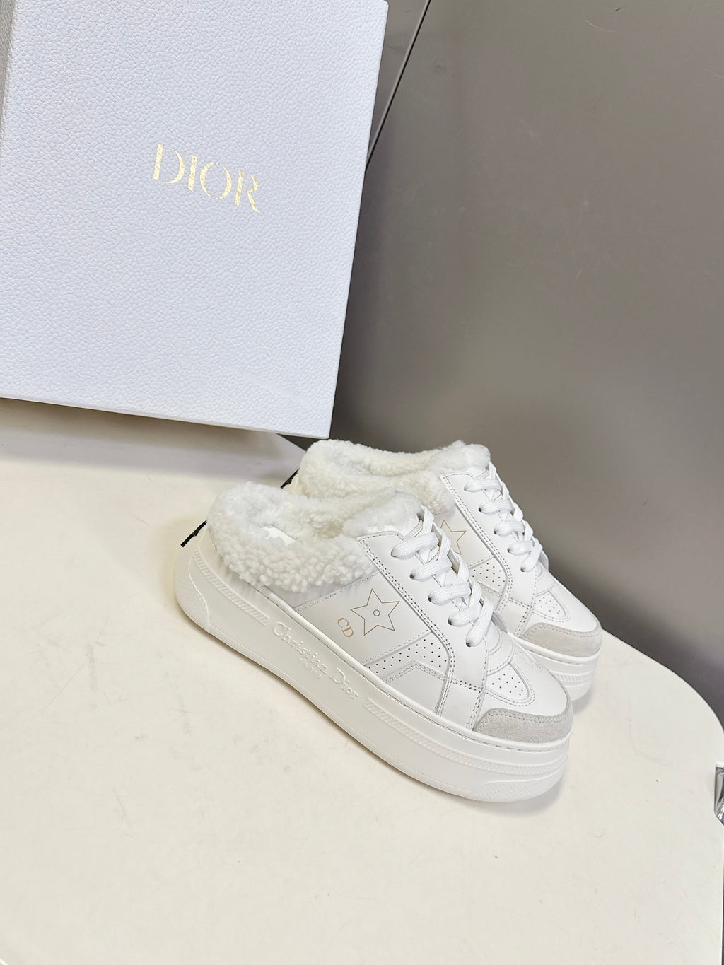 DIOR 25S  STAR SNEAKERS 40 MM IN WHITE LAMBSKIN AND WOOL
