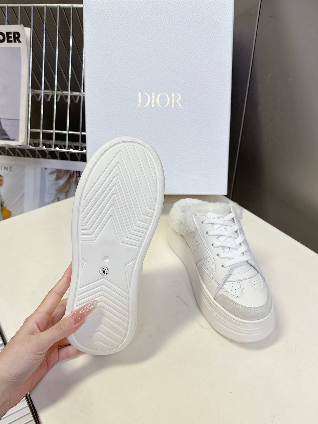DIOR 25S  STAR SNEAKERS 40 MM IN WHITE LAMBSKIN AND WOOL