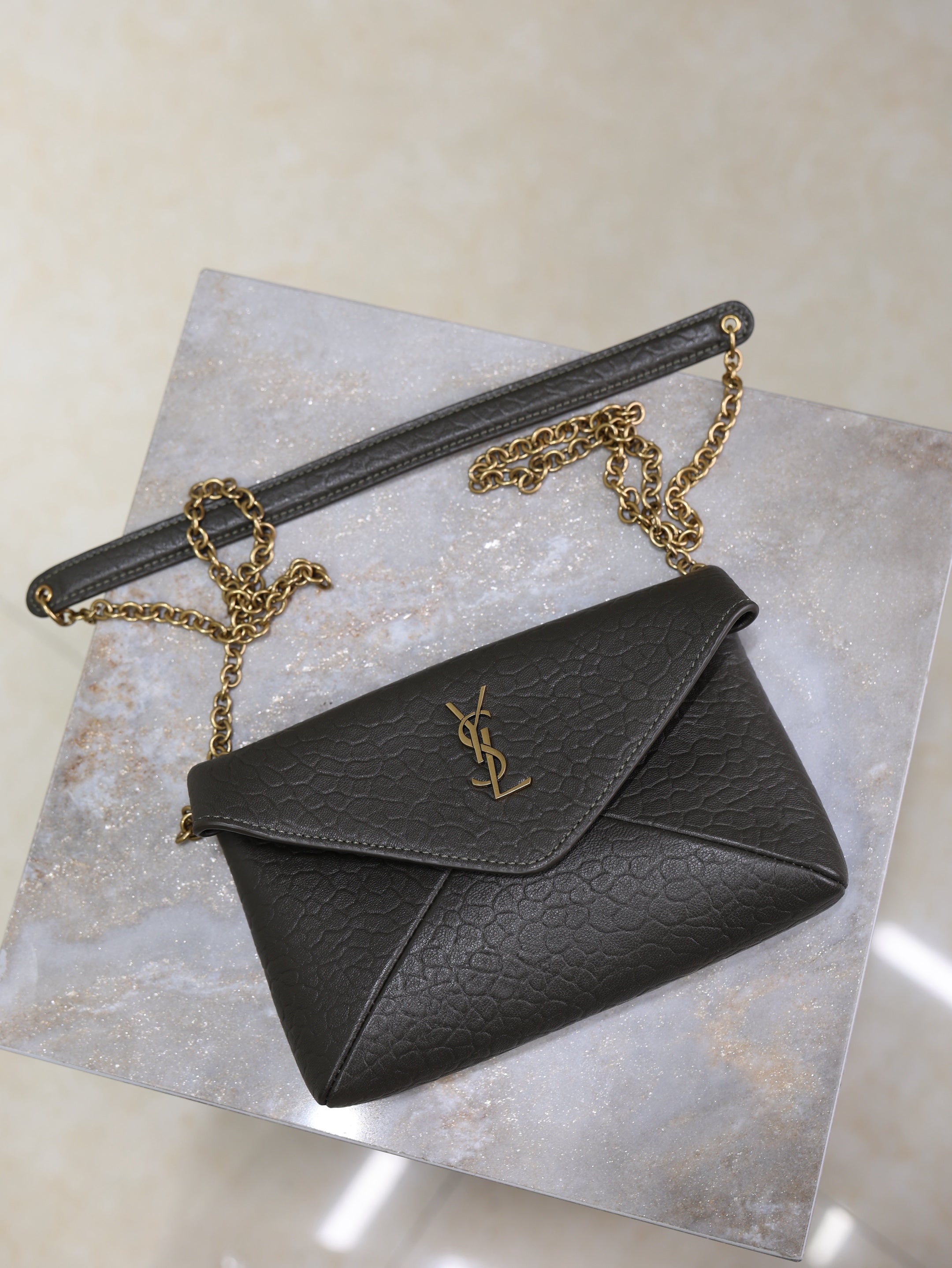 YSL 25S CALYPSO MINI 19 IN CHARCOAL GRAY LAMBSKIN GOLD HARDWRE
