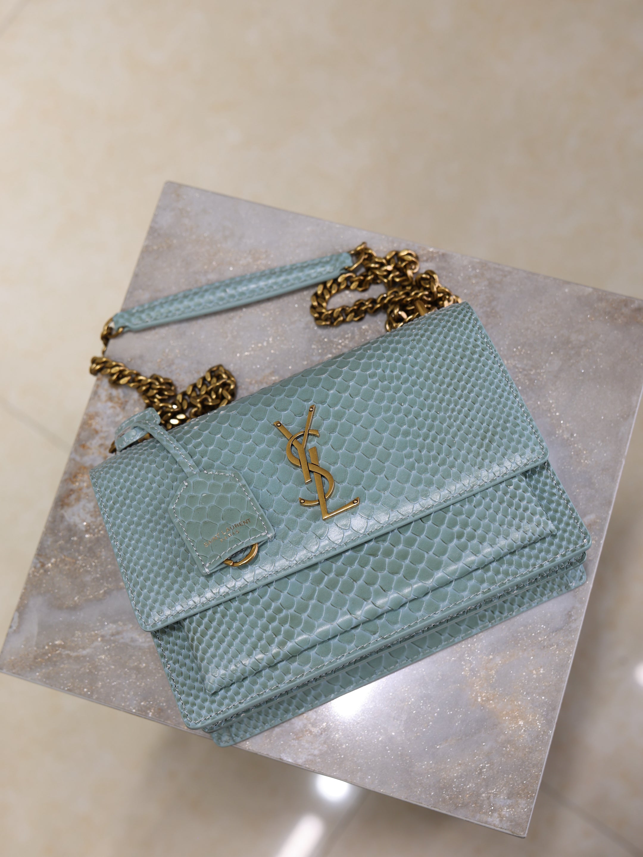 YSL 25S SUNSET MEDIUM 22 IN LIGHT BLUE CROCODILE-EMBOSSED CALFSKIN GOLD HARDWARE