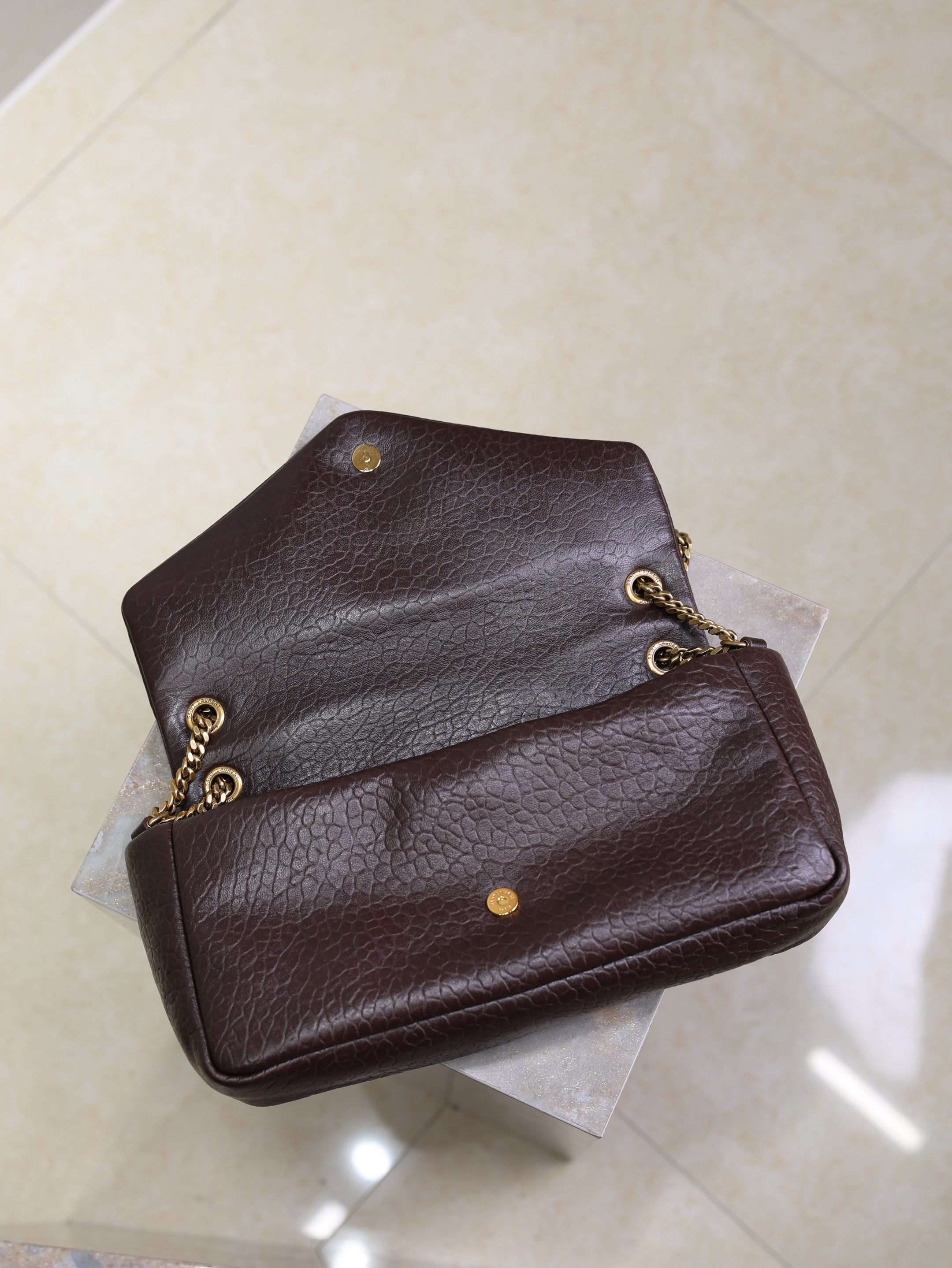 YSL 25S CALYPSO 30 IN DARK CHOCOLATE GRAINED CALFSKIN GOLD HARDWARE