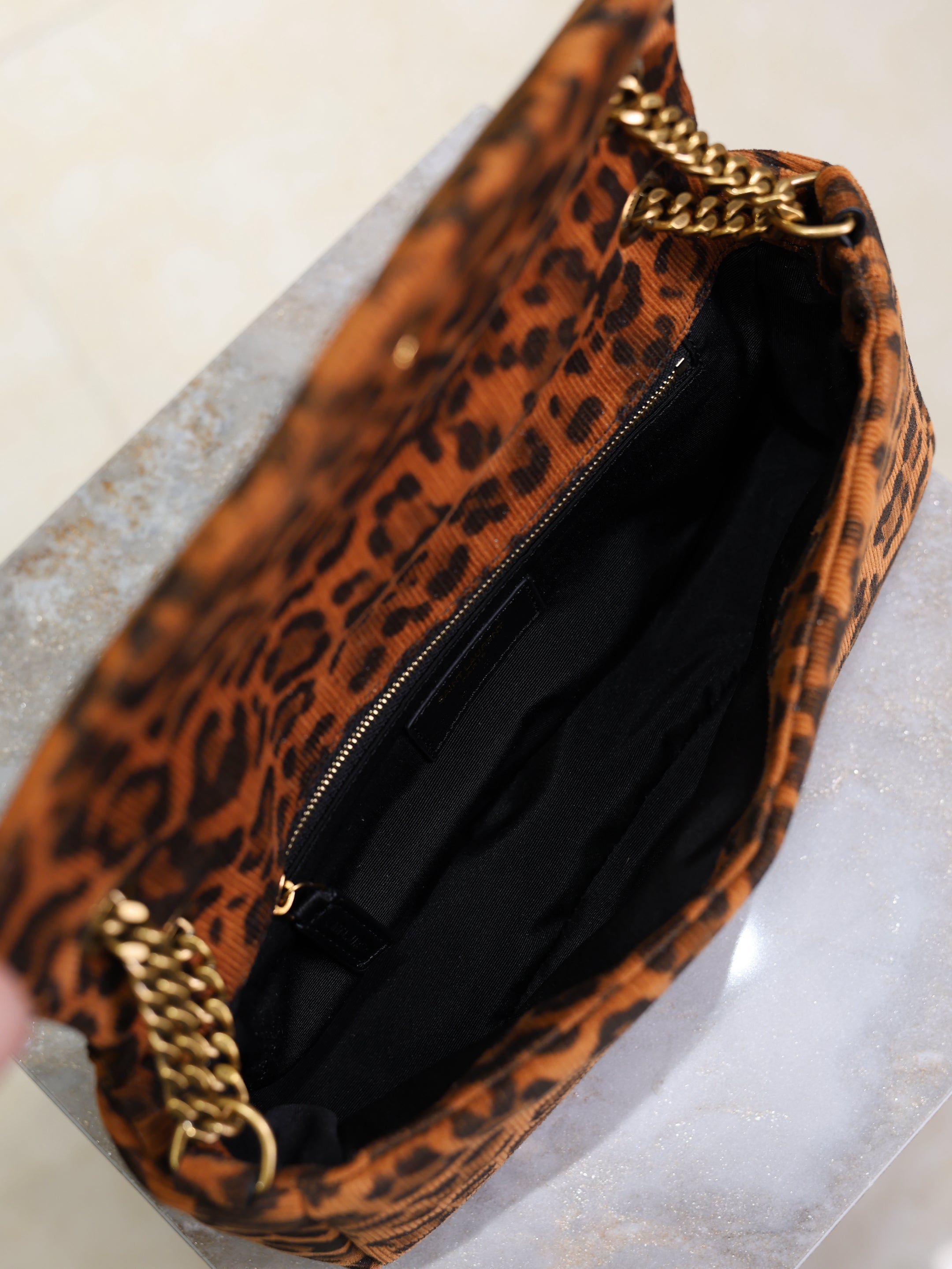 YSL 25S CALYPSO HANDBAG 26 IN BROWN LEOPARD PRINT VELVET GOLD HARDWRE
