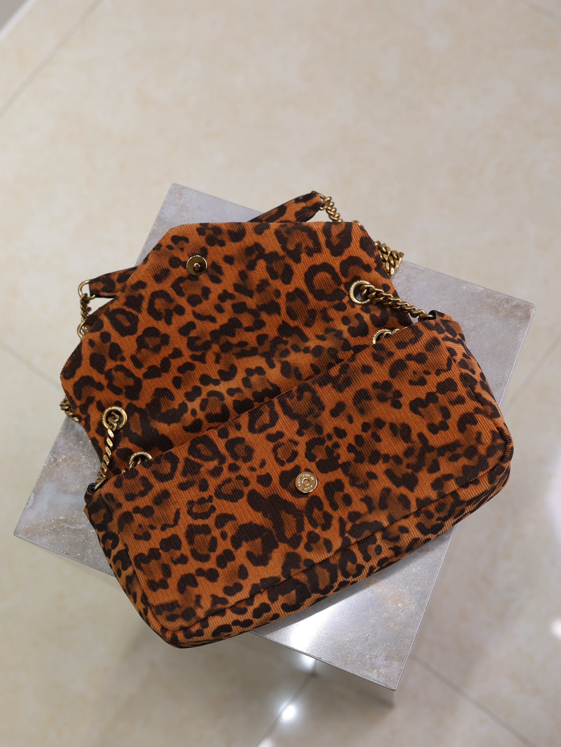 YSL 25S CALYPSO HANDBAG 26 IN BROWN LEOPARD PRINT VELVET GOLD HARDWRE